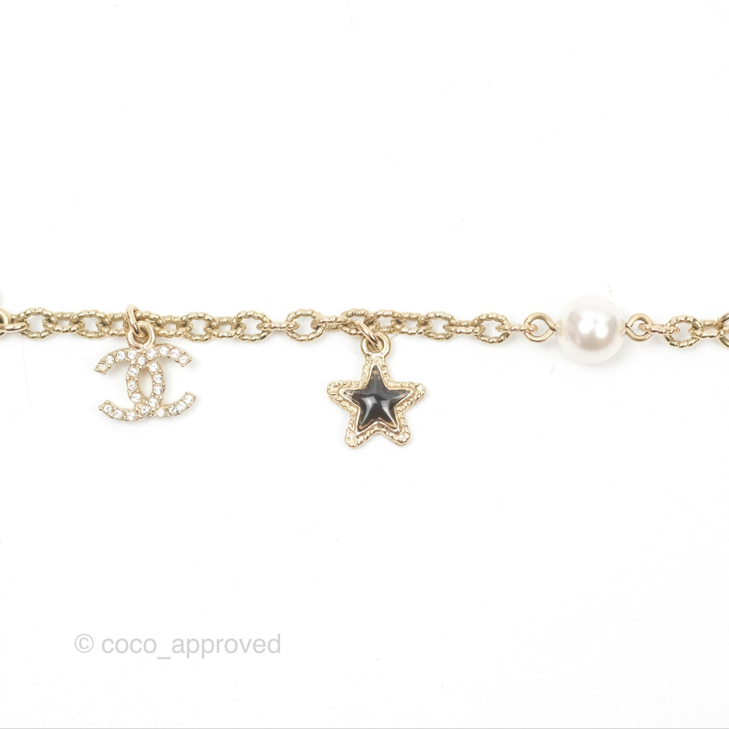 Chanel CC Pearl Star Black Pendant Bracelet Gold Tone 20S