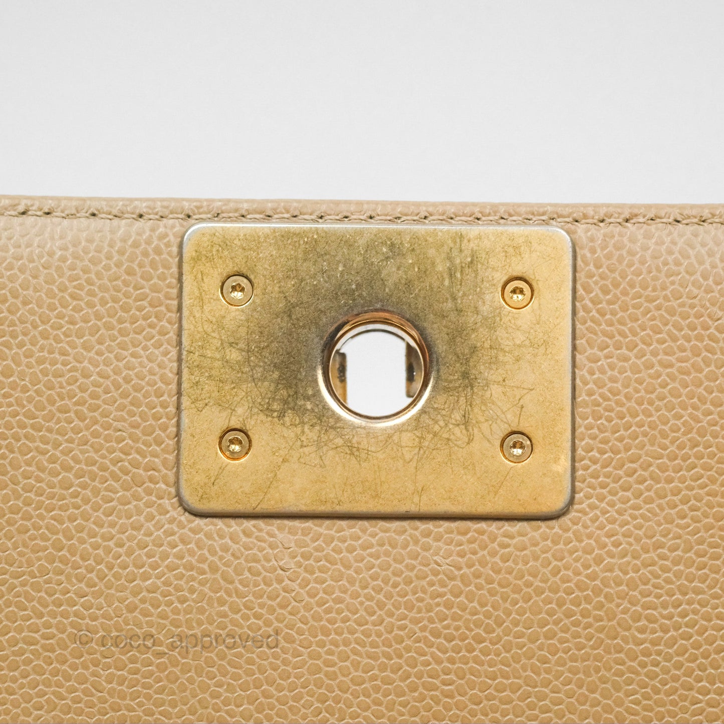 Chanel Medium Boy Chevron Beige Caviar Aged Gold Hardware