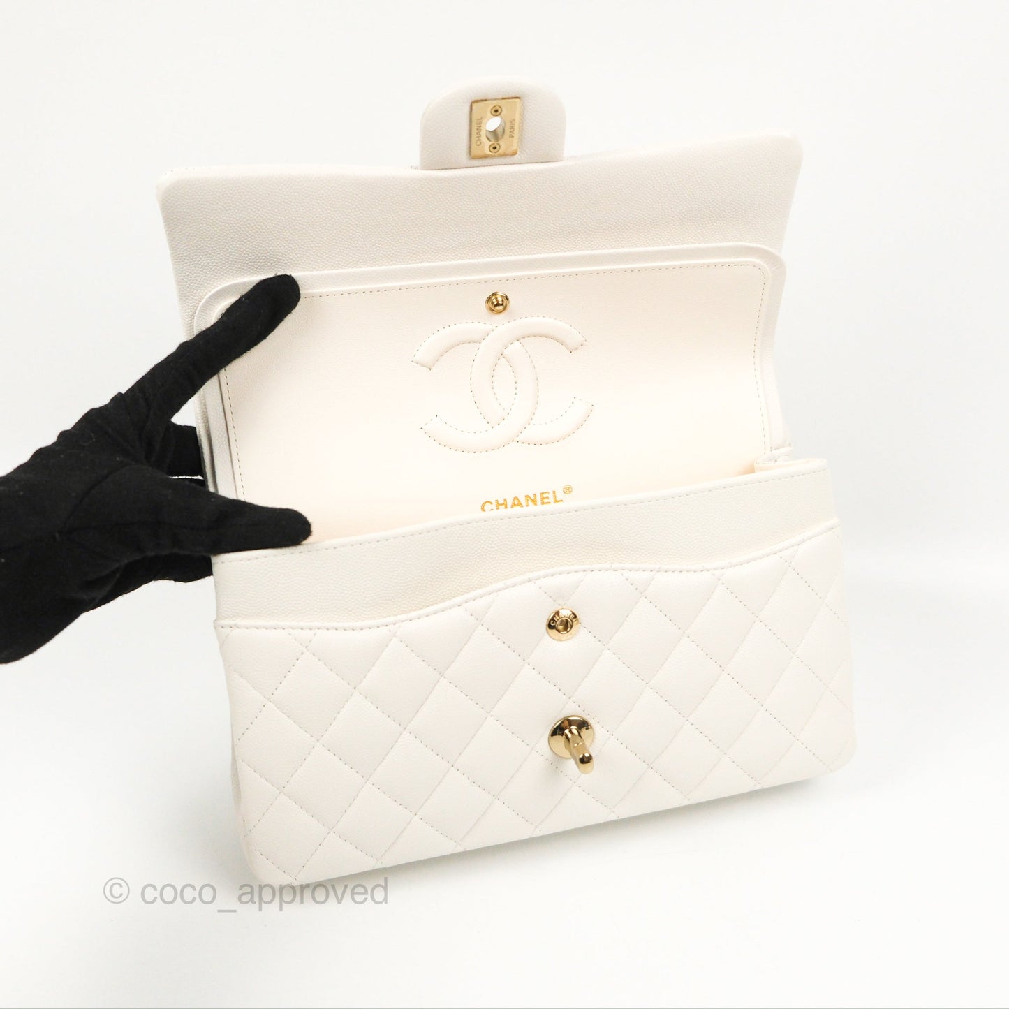 Chanel Classic M/L Medium Flap Quilted White Caviar Gold Hardware