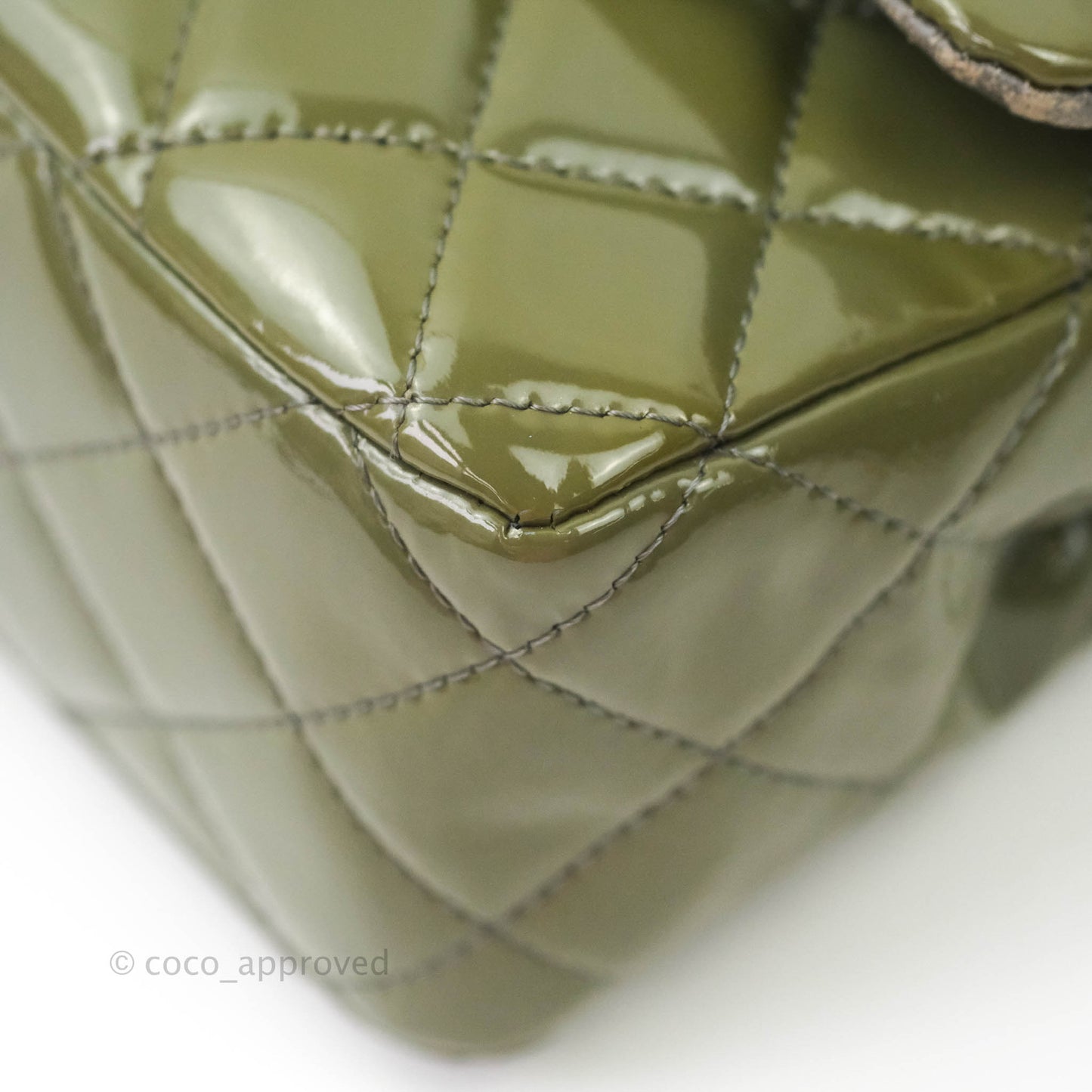 Chanel Classic M/L Medium Double Flap Olive Green Patent Silver Hardware
