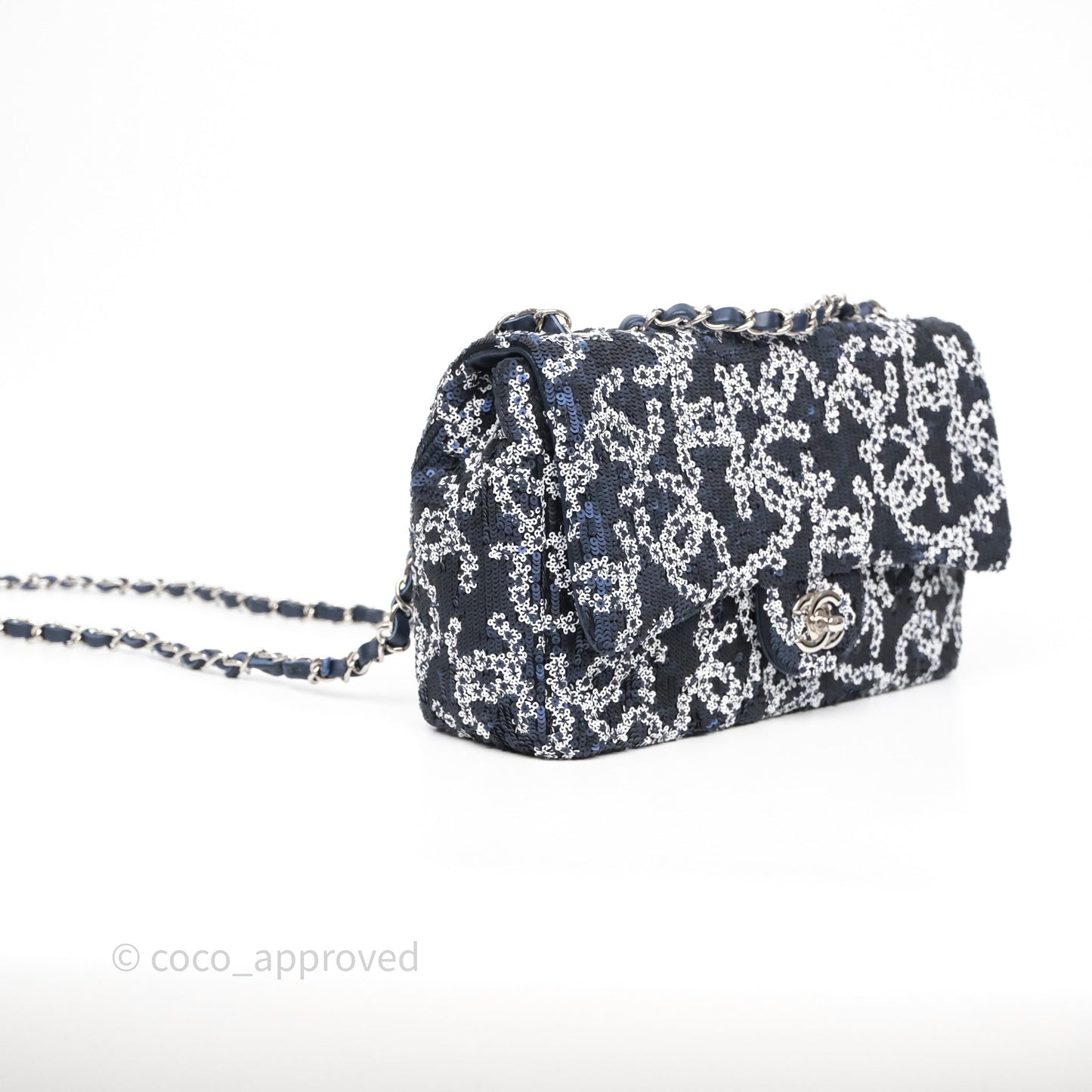 Chanel Medium CC Sequins Flap Bag White/ Navy Silver Hardware 19P