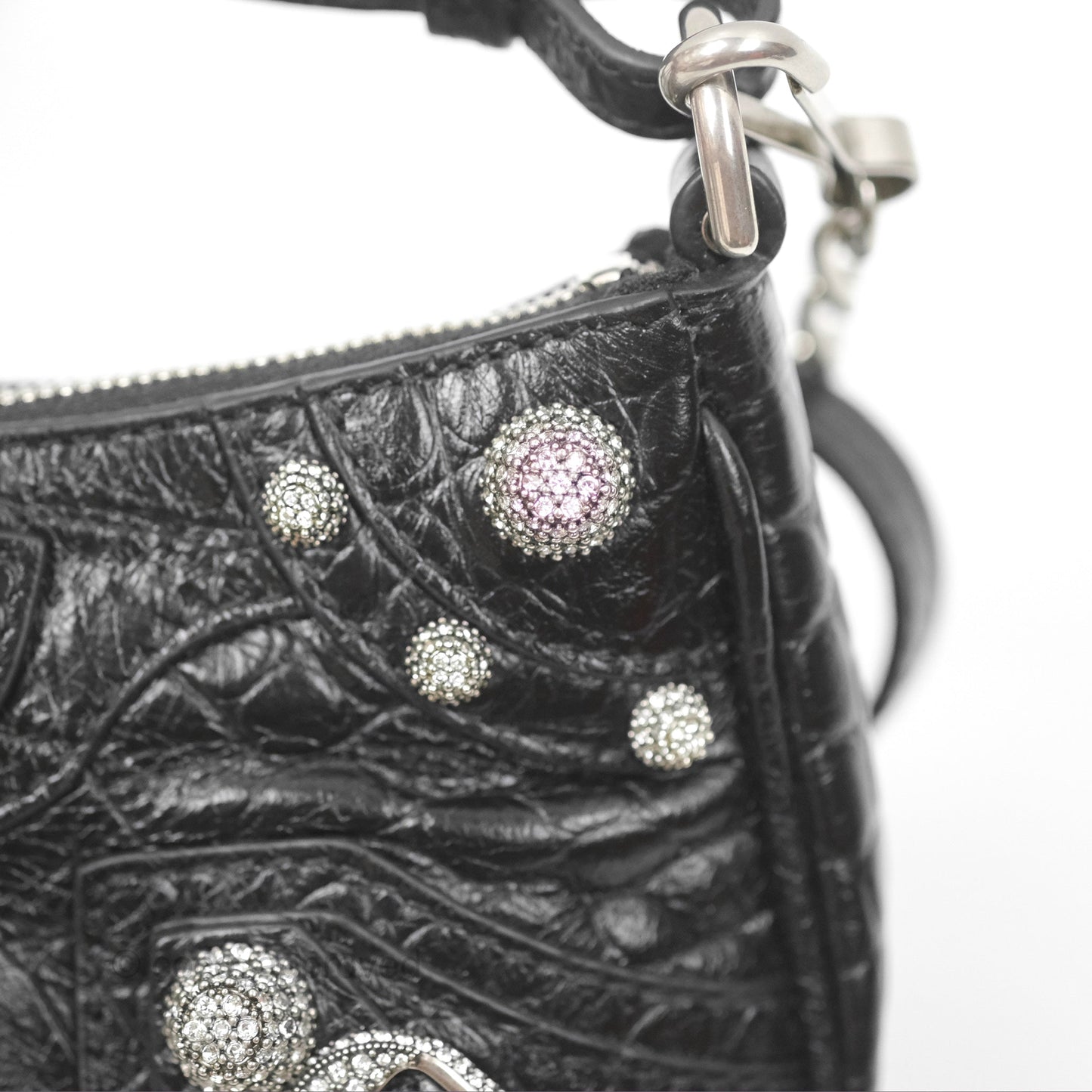 Balenciaga Le Cagole Mini Bag With Chain Black Crocodile Embossed Calfskin Aged Silver Hardware