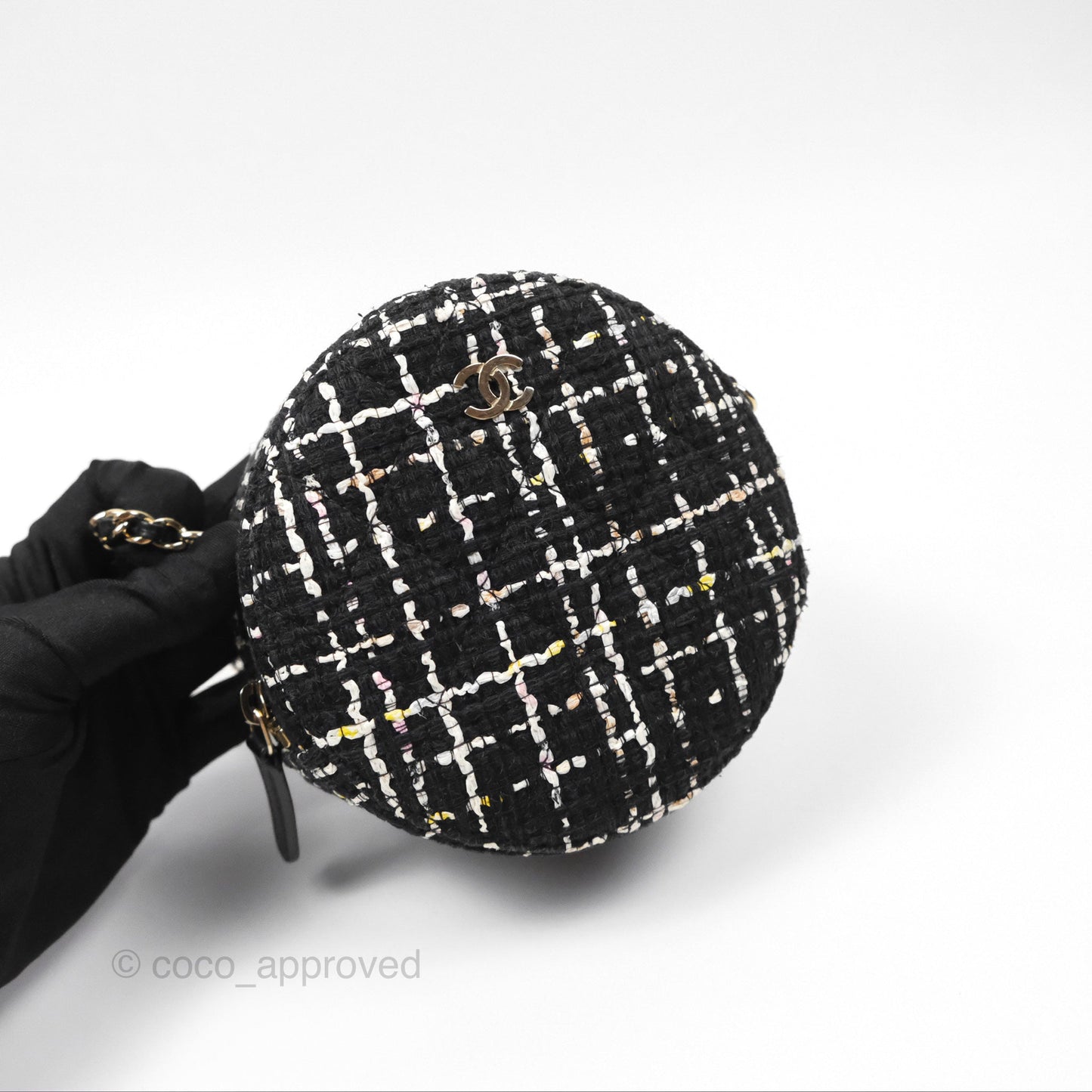 Chanel Classic Quilted Round Clutch With Chain Black Tweed Gold Hardware