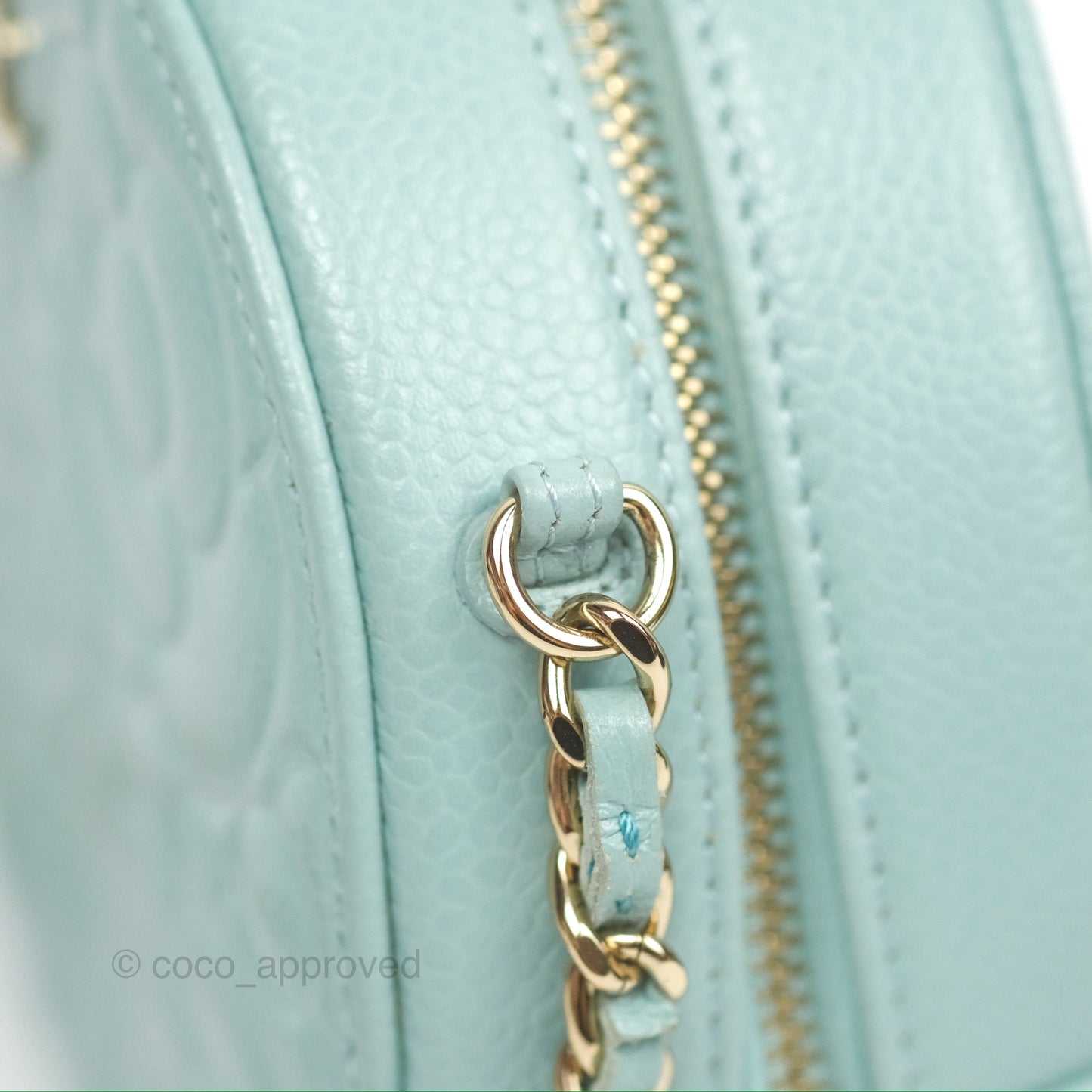 Chanel Camellia Embossed Round Clutch With Chain Light Tiffany Blue Caviar