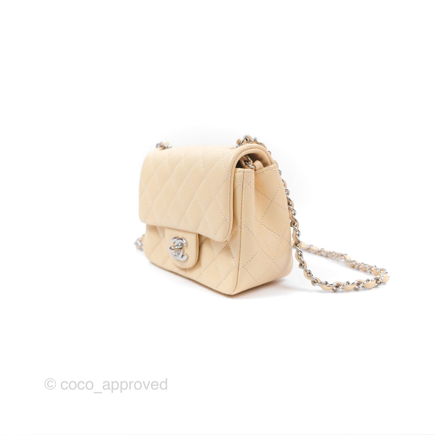 Chanel Quilted Mini Square Flap Light Beige Caviar Silver Hardware