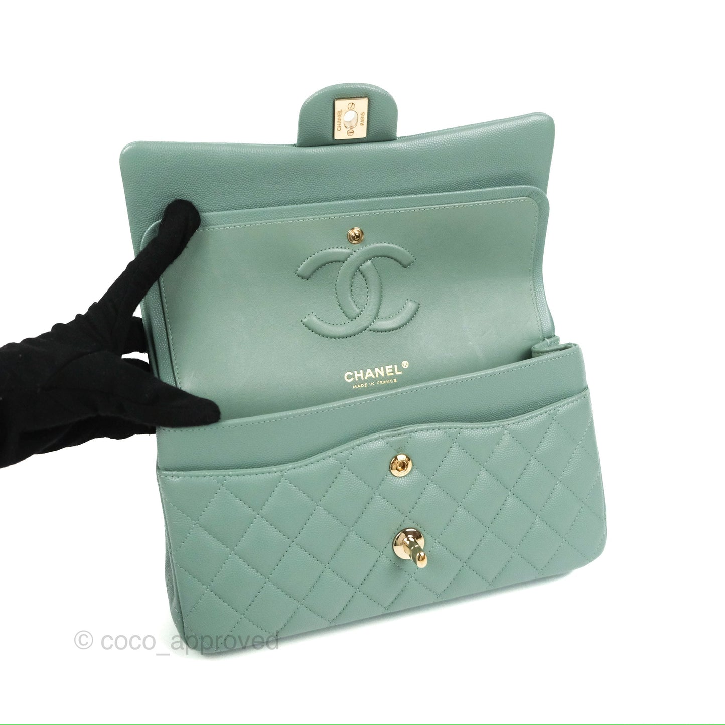 Chanel Classic M/L Medium Flap Quilted Tiffany Green Caviar Gold Hardware