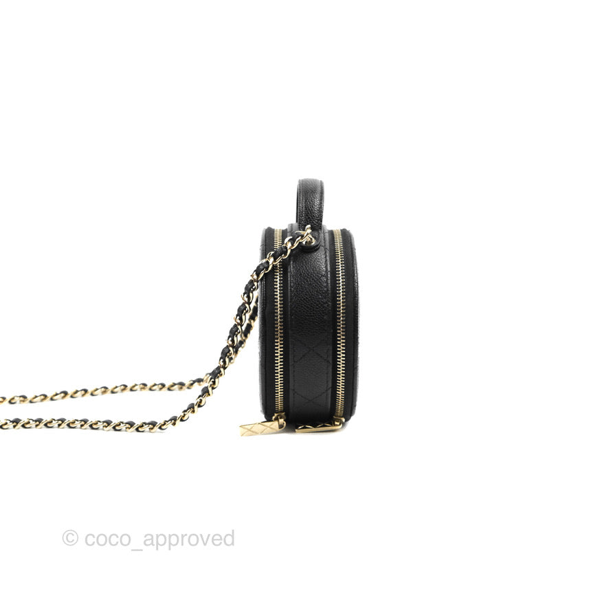 Chanel Mini Round Vanity Bag Handle With Care Black Caviar 22C