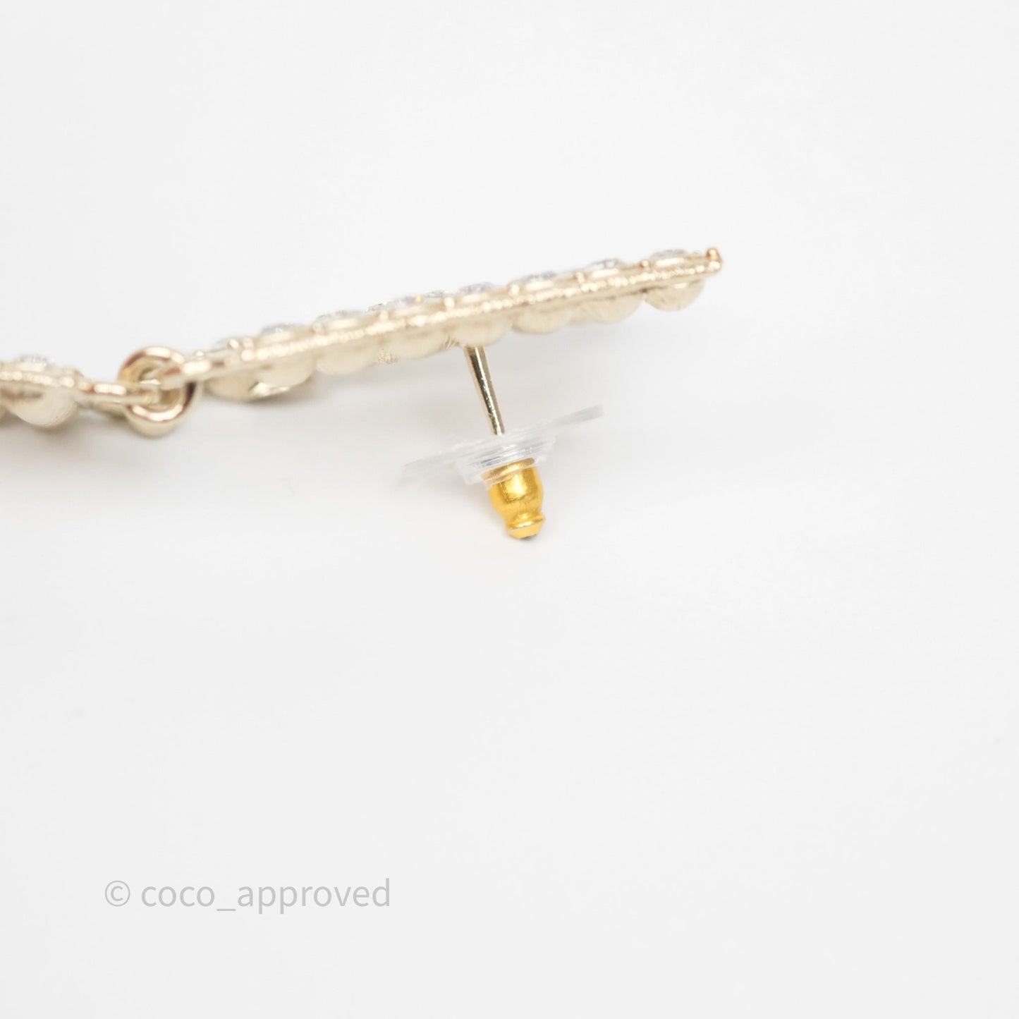 Chanel Crystal Cha-Nel Logo Drop Earrings Gold Tone 20V