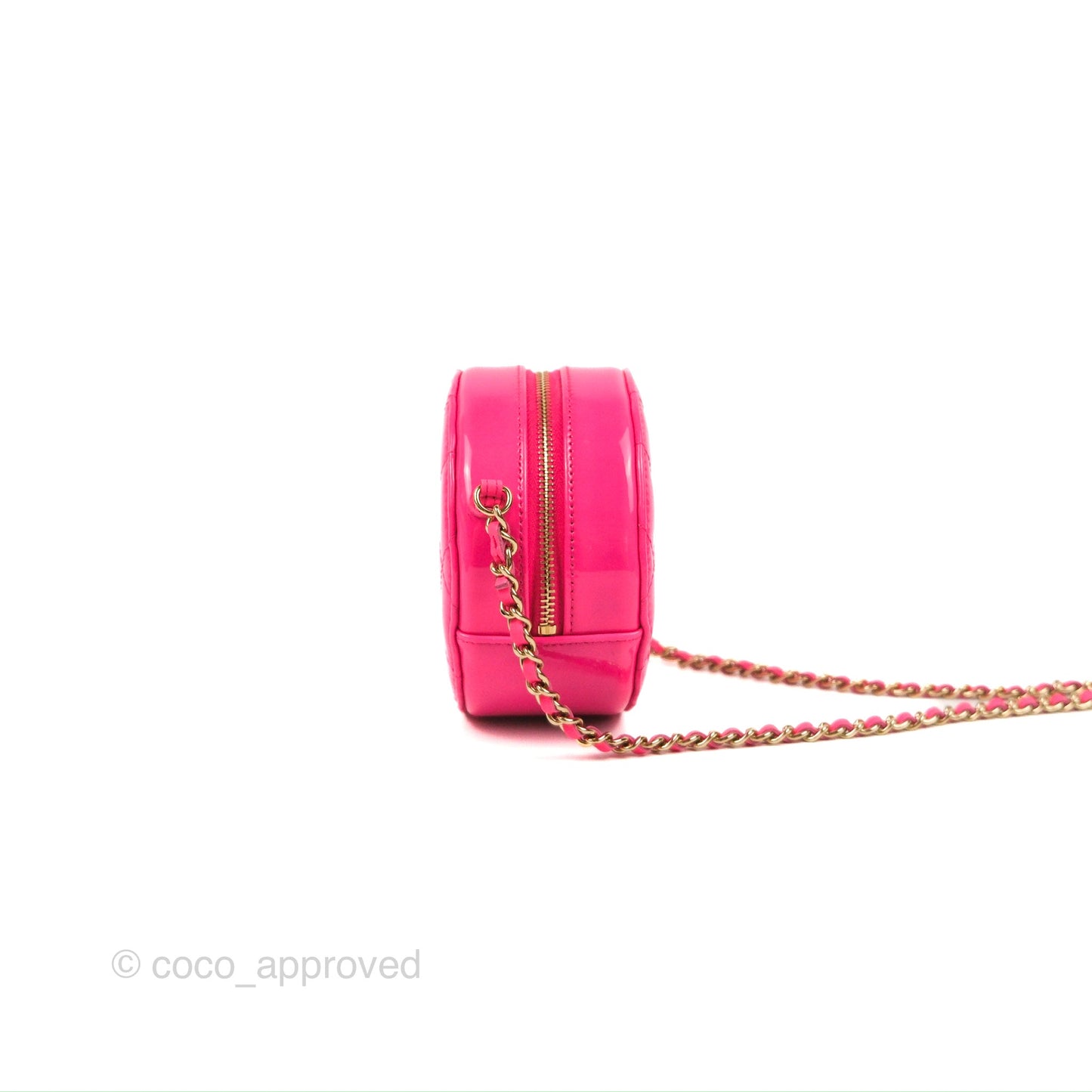 Chanel Classic Quilted Round Clutch Neon Pink Patent Gold Hardware