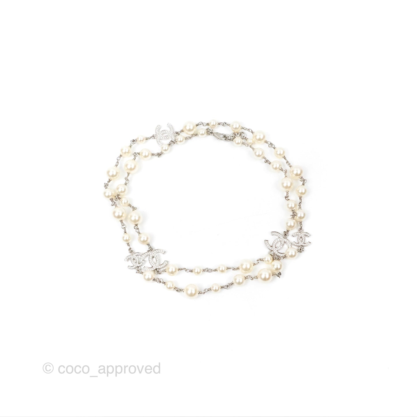Chanel CC Crystal Pearl Long Necklace Silver Tone 23V