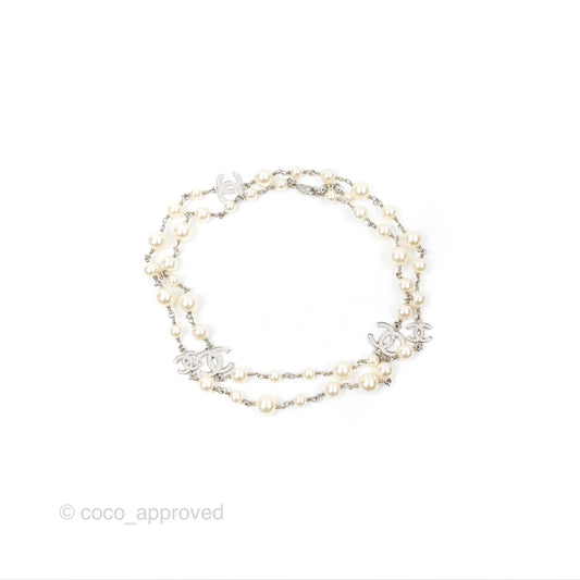 Chanel CC Crystal Pearl Long Necklace Silver Tone 23V