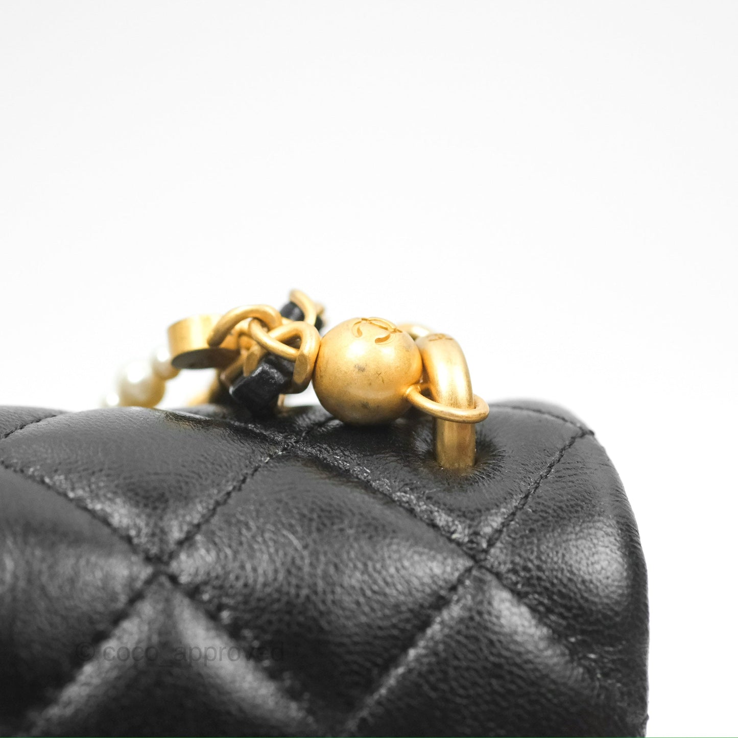 Chanel Mini Flap Bag with Pearl Chain Black Shiny Lambskin Aged Gold Hardware 24P