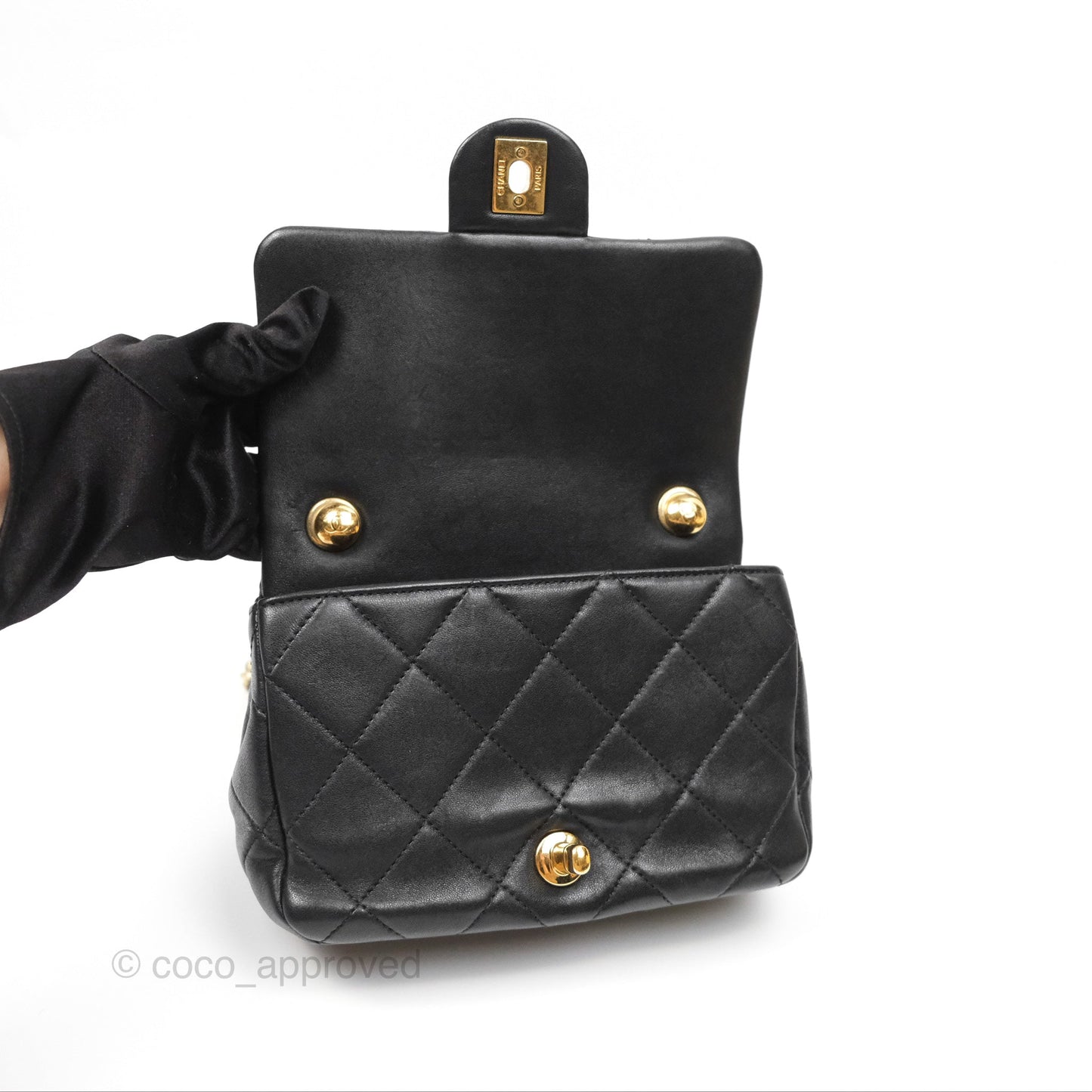 Chanel Mini Top Handle Flap Black Lambskin Aged Gold Hardware