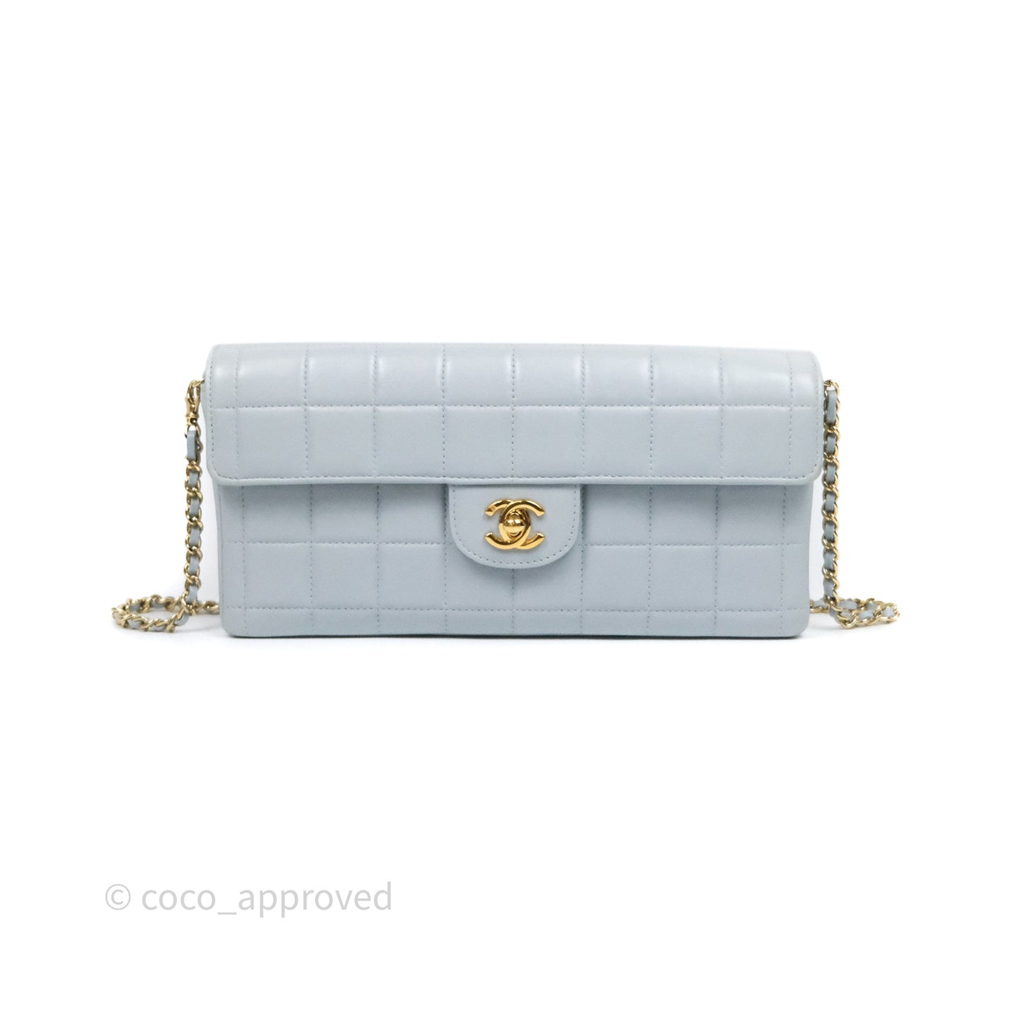 Chanel East West Chocolate Bar Flap Bag Blue Lambskin 24K Gold Hardware
