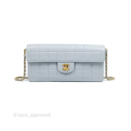Chanel East West Chocolate Bar Flap Bag Blue Lambskin 24K Gold Hardware