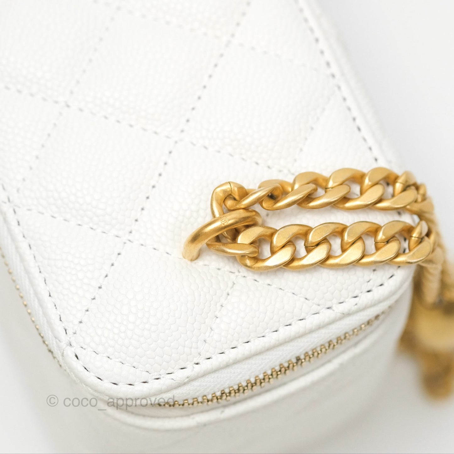 Chanel Vanity with Heart Adjustable Chain White Caviar Aged Gold Hardware