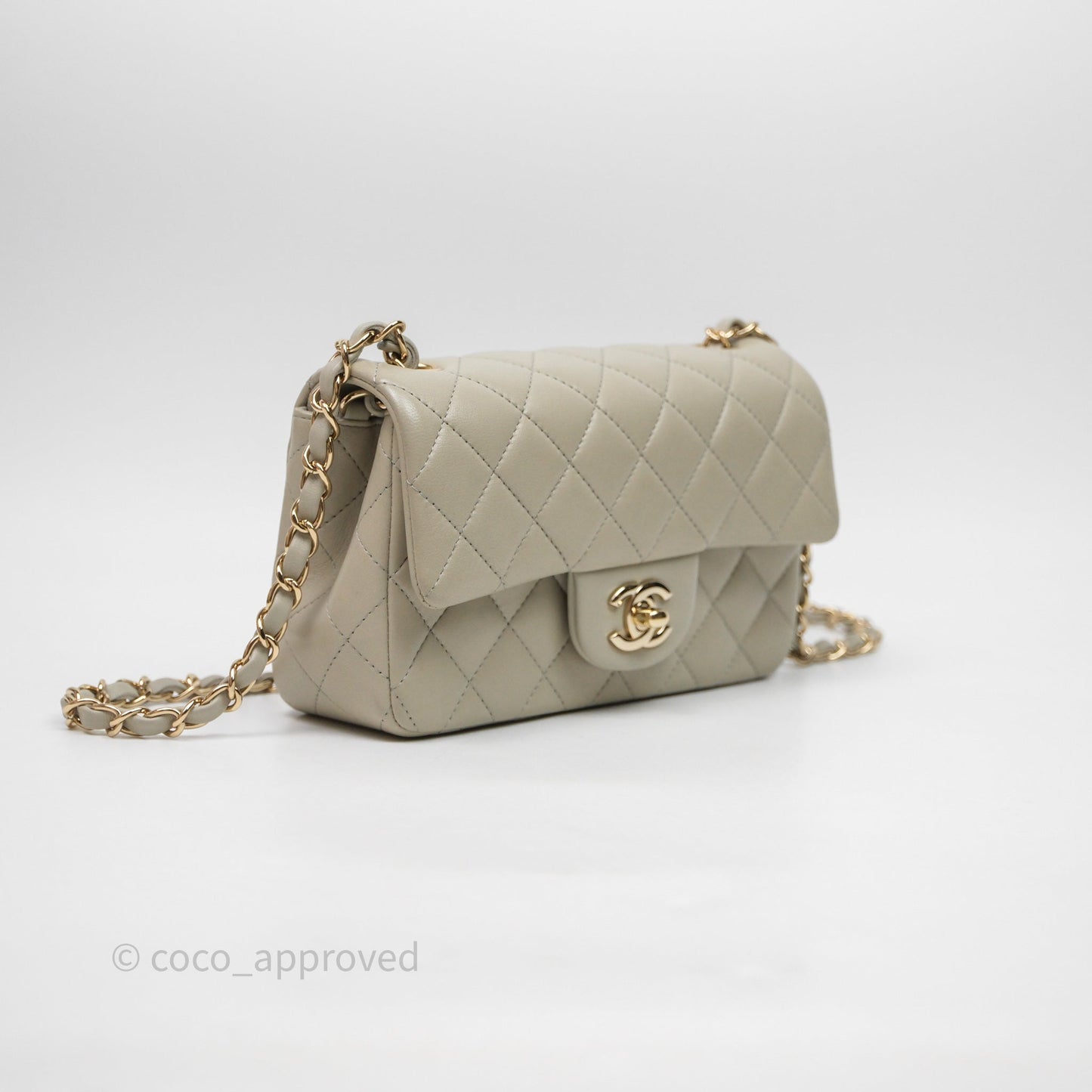 Chanel Mini Rectangular Flap Quilted Light Grey Lambskin Gold Hardware 22C