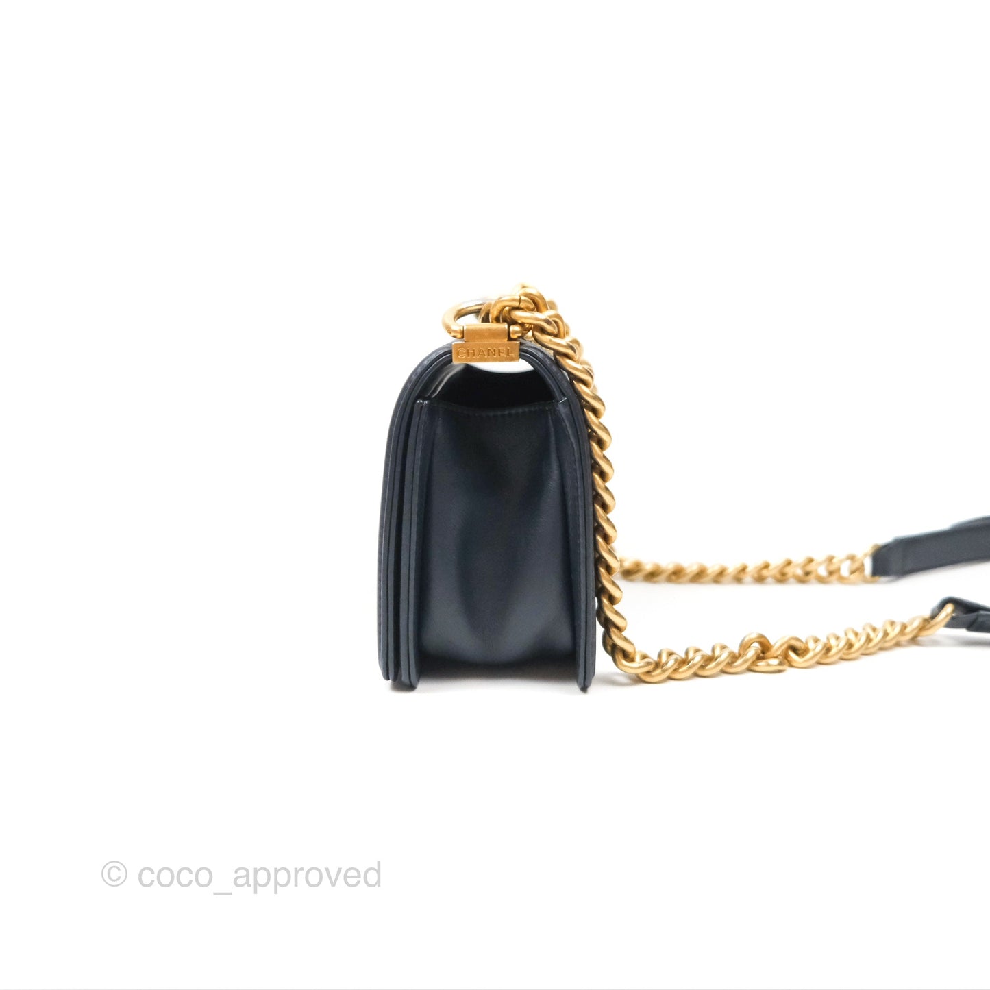 Chanel Small Boy Quilted Navy Lambskin Aged Gold Hardware