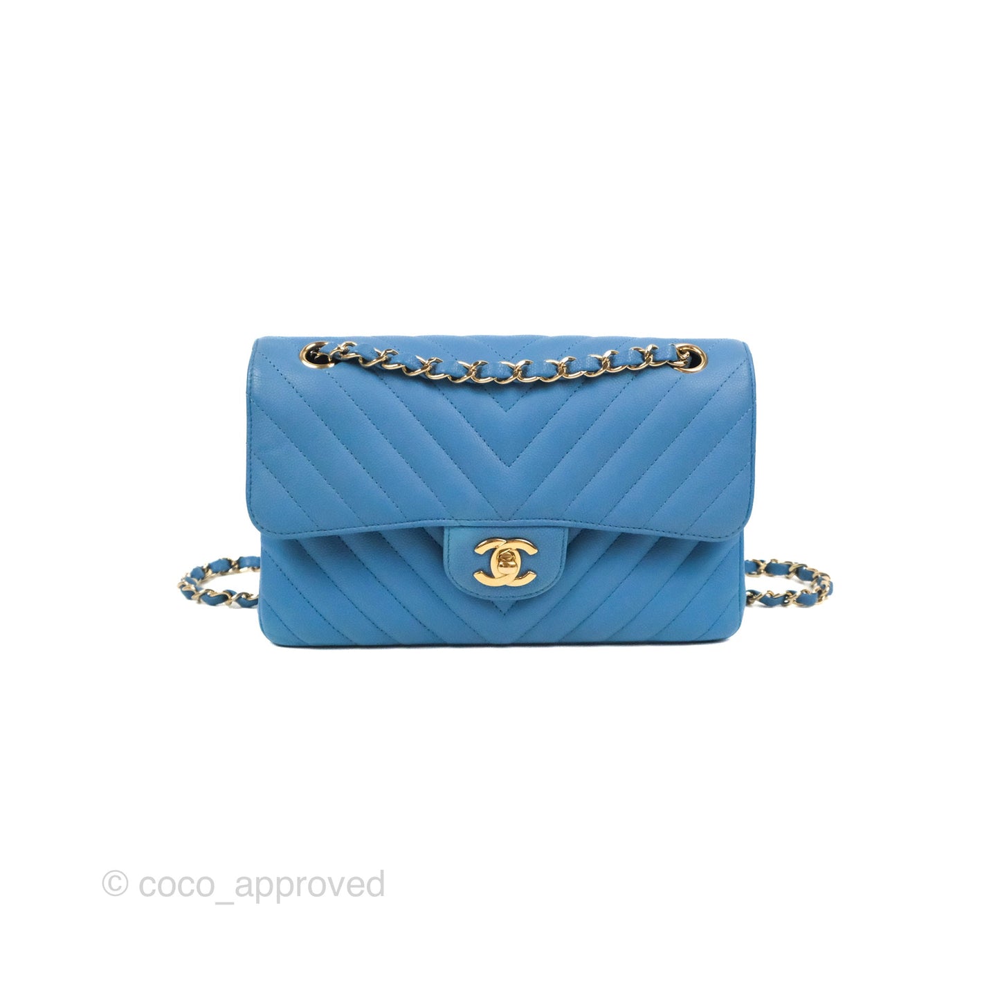 Chanel Small Classic Flap Chevron Blue Caviar Gold Hardware