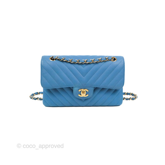 Chanel Small Classic Flap Chevron Blue Caviar Gold Hardware