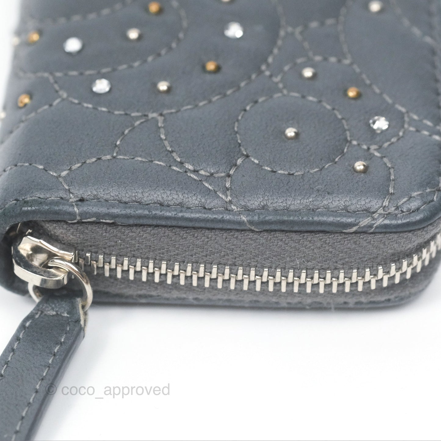 Chanel Camellia Crystal Studded Zipped Coin Purse Grey Silver Hardware