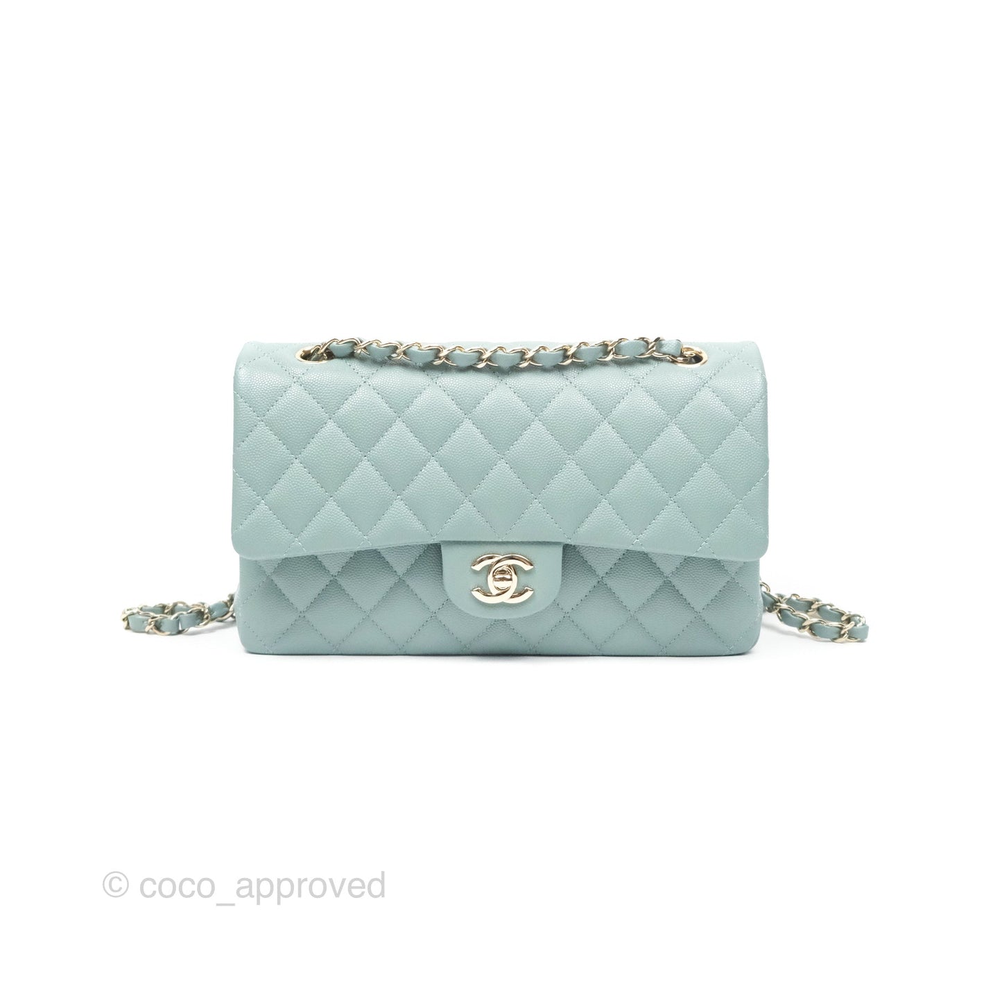 Chanel Classic M/L Medium Flap Quilted Tiffany Seafoam Green Caviar Gold Hardware