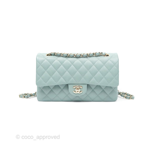 Chanel Classic M/L Medium Flap Quilted Tiffany Seafoam Green Caviar Gold Hardware