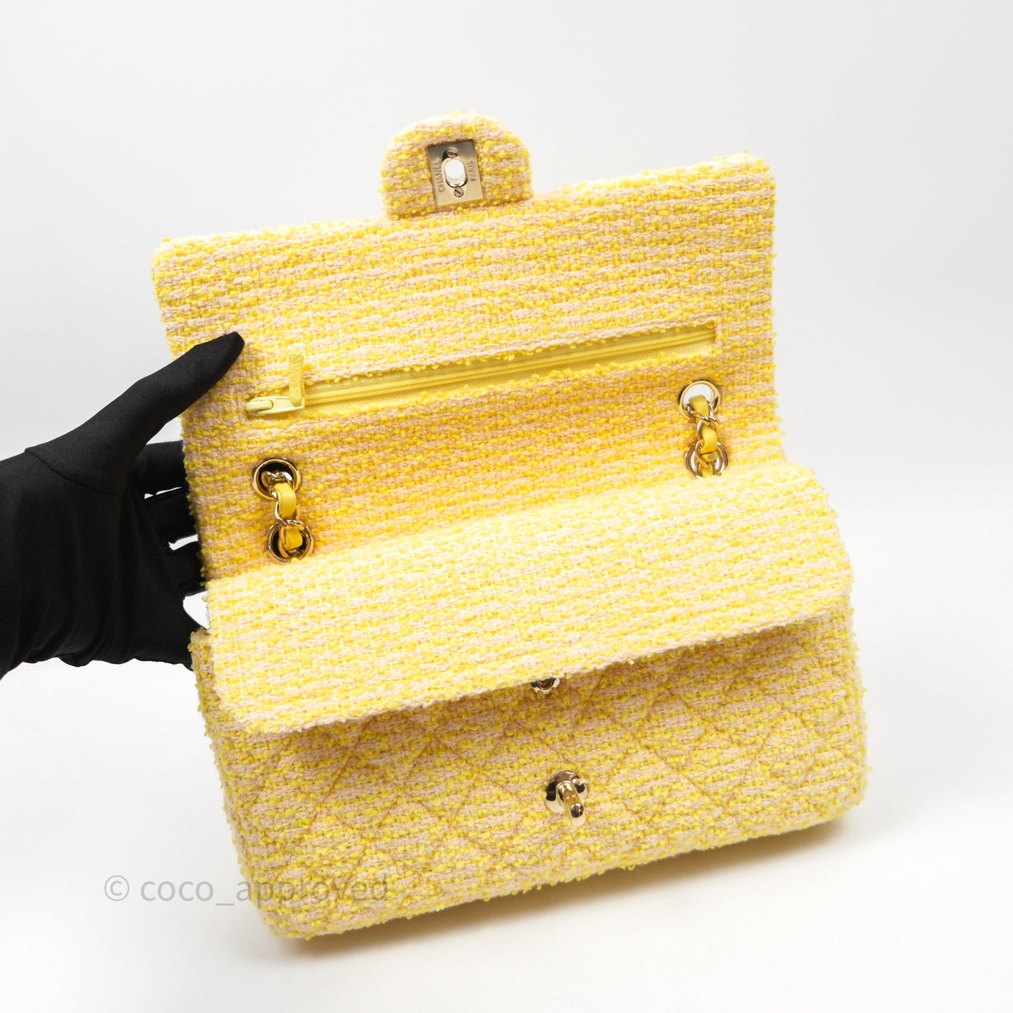 Chanel Classic M/L Medium Flap Quilted Yellow Tweed Gold Hardware