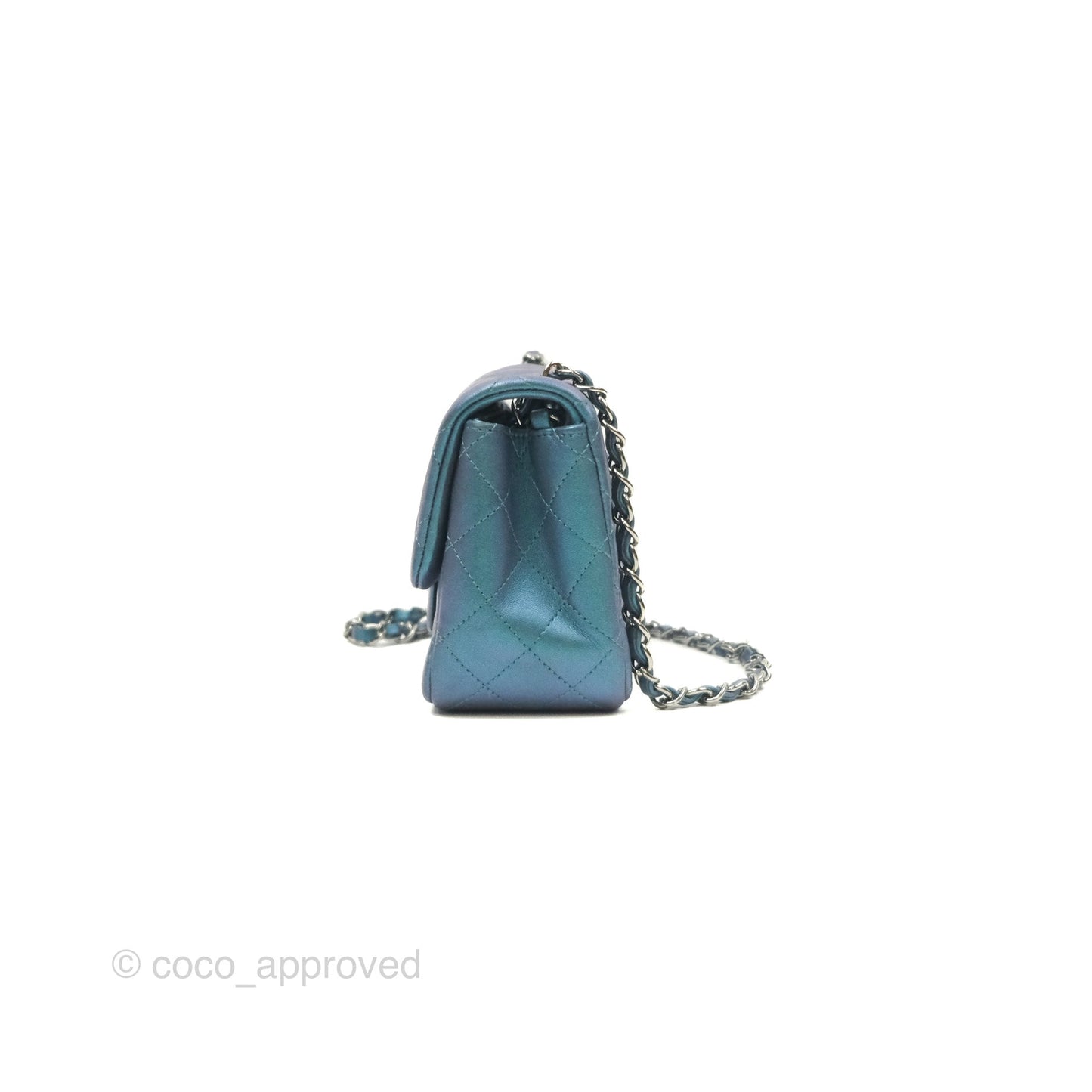 Chanel Mini Square Flap Quilted Iridescent Teal Lambskin Gun Metal