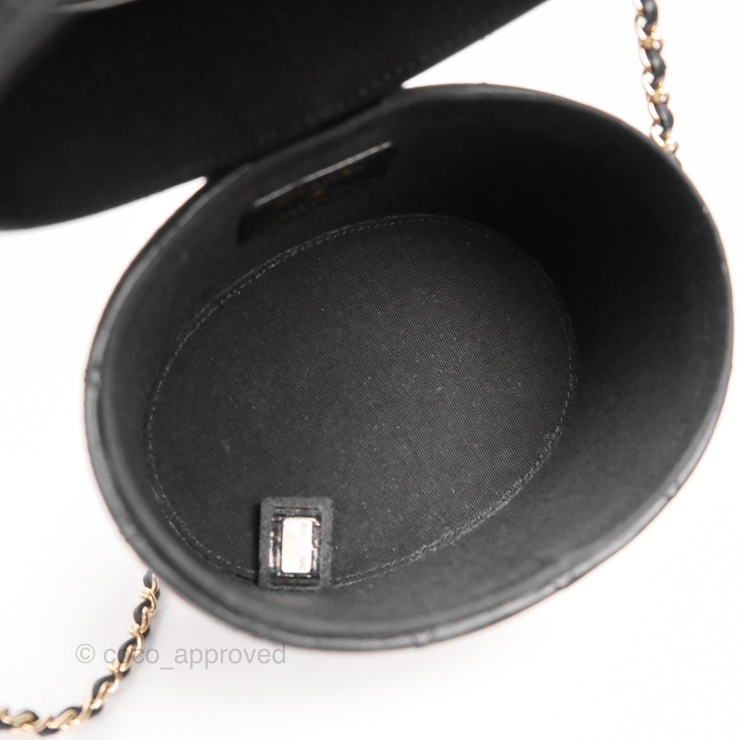 Chanel Quilted Round Vanity Clutch With Chain Black Lambskin Gold Hardware