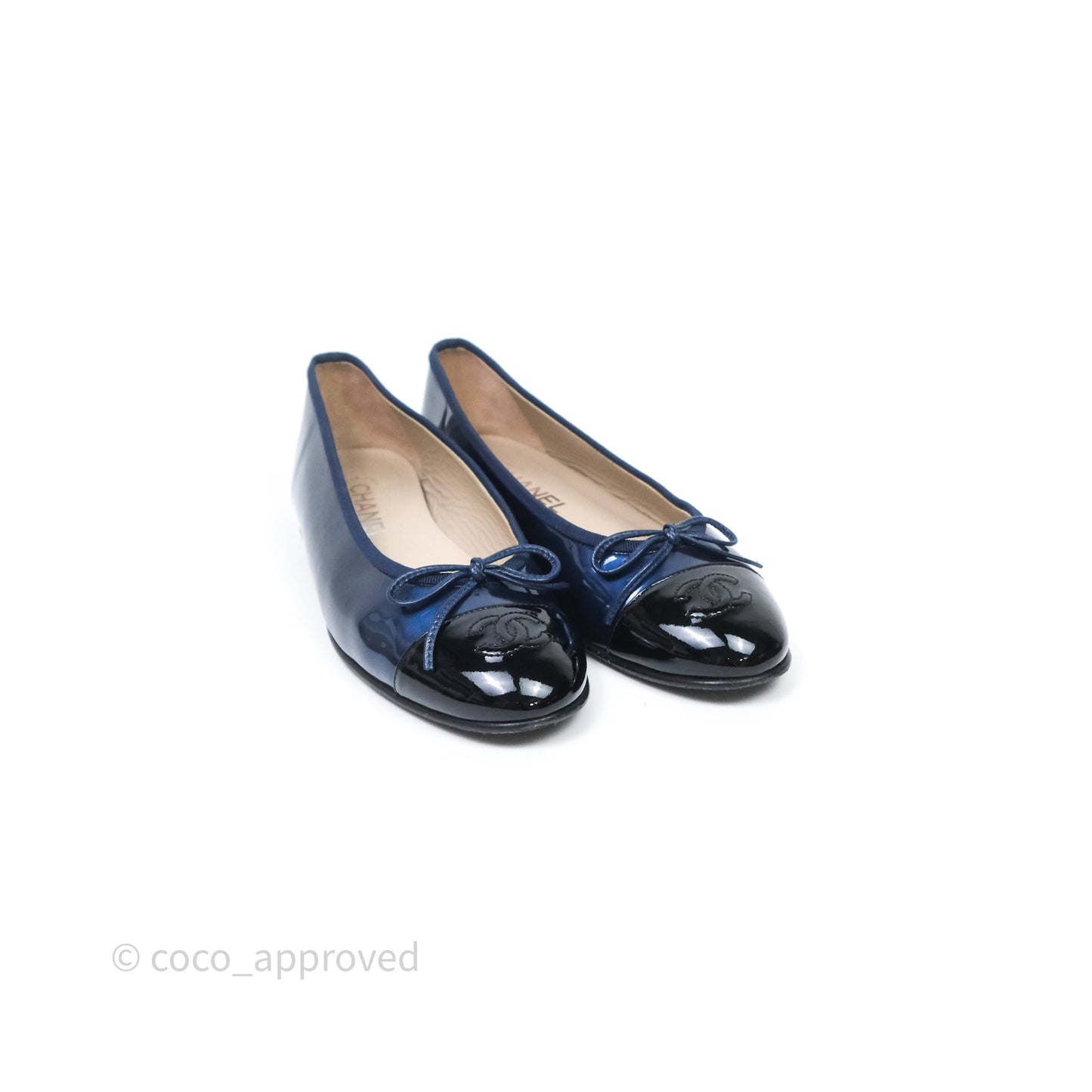 Chanel Ballerina Patent Leather Flats Navy/ Black Size 38.5