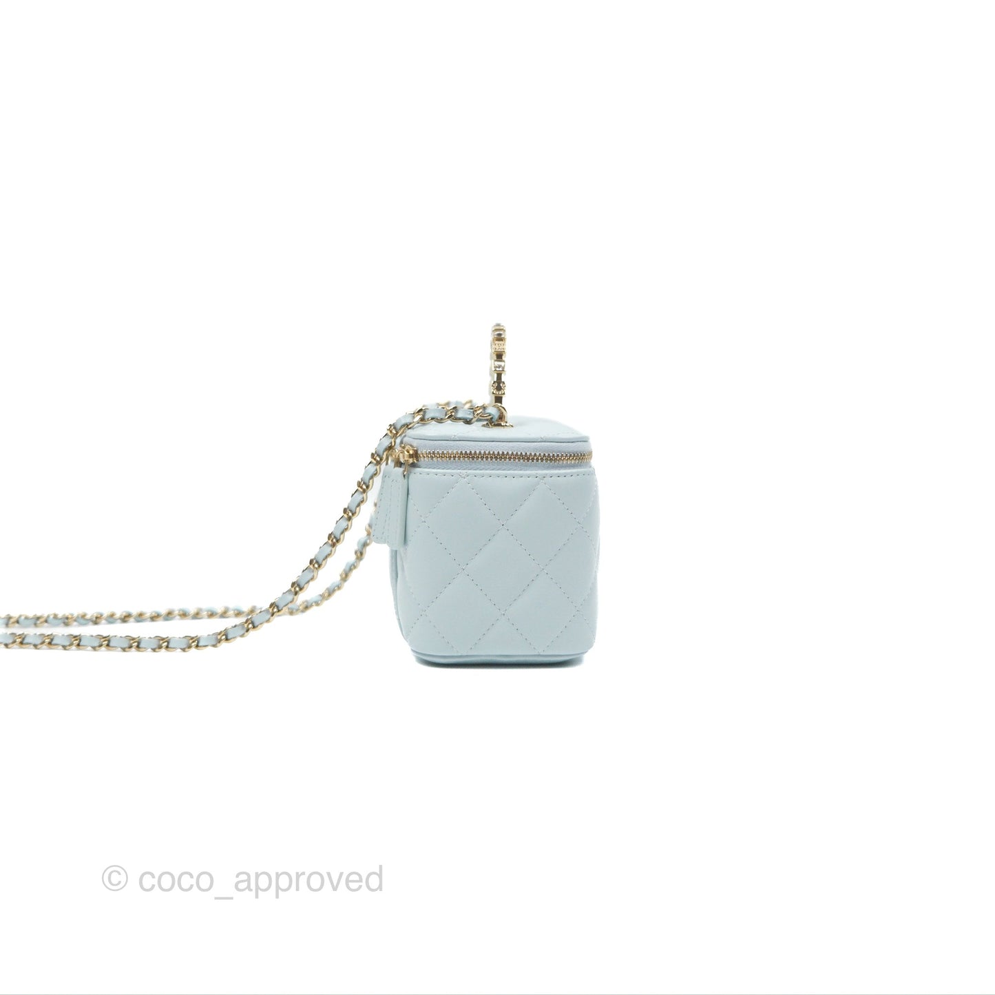 Chanel Vanity Rectangular Logo Crystal Top Handle Light Blue Lambskin Gold Hardware