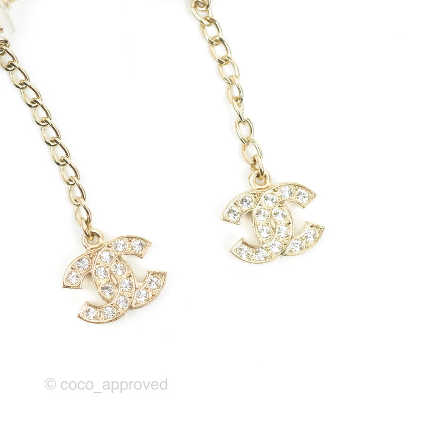 Chanel Pearl Chain Crystal CC Drop Earrings Gold Tone 20B