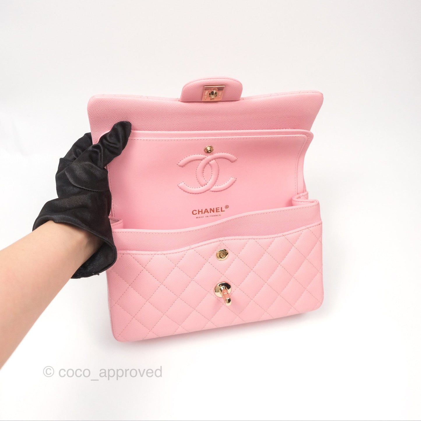 Chanel Small Classic Flap Quilted Sakura Pink Caviar Gold Hardware