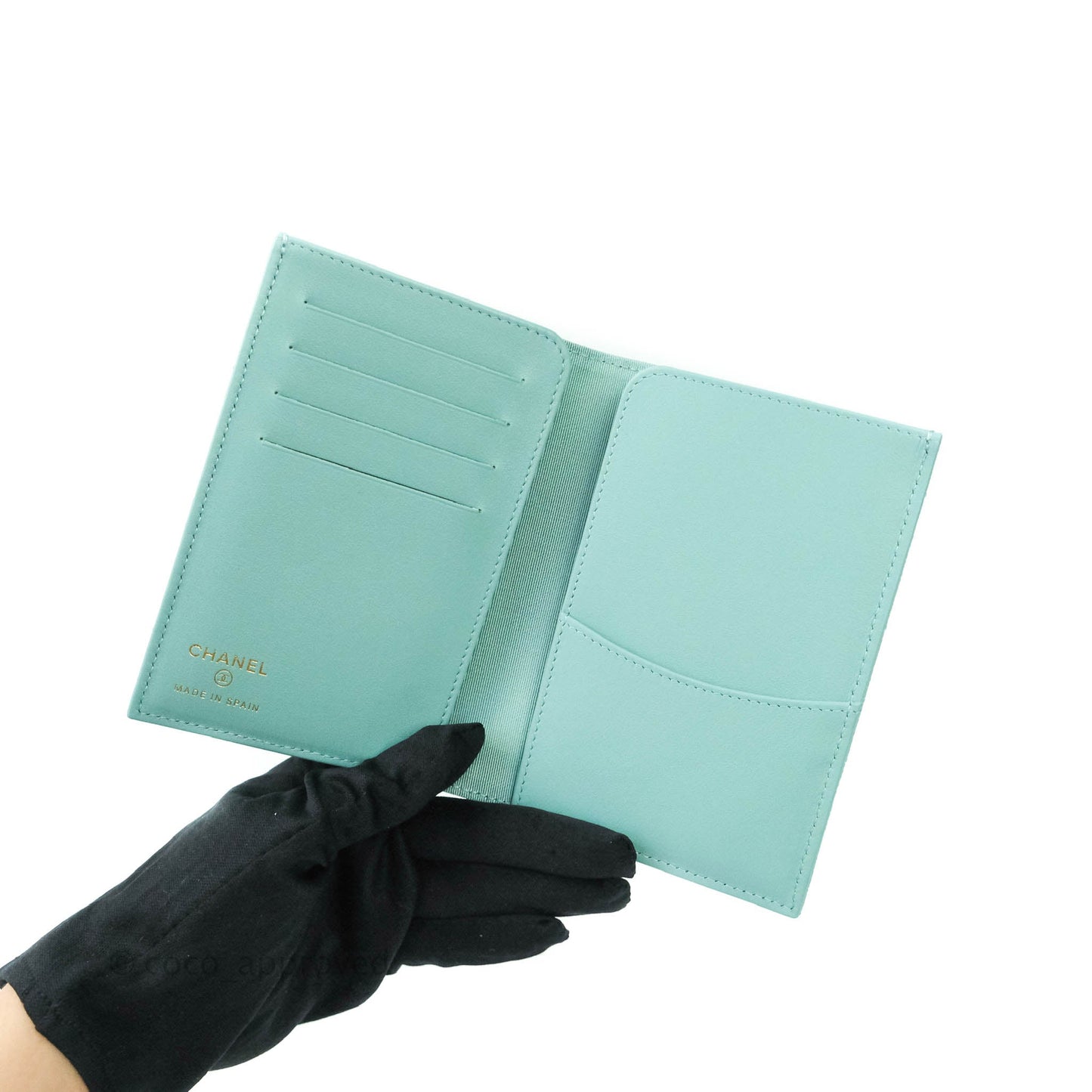 Chanel Quilted Caviar Mint Passport Holder Gold Hardware
