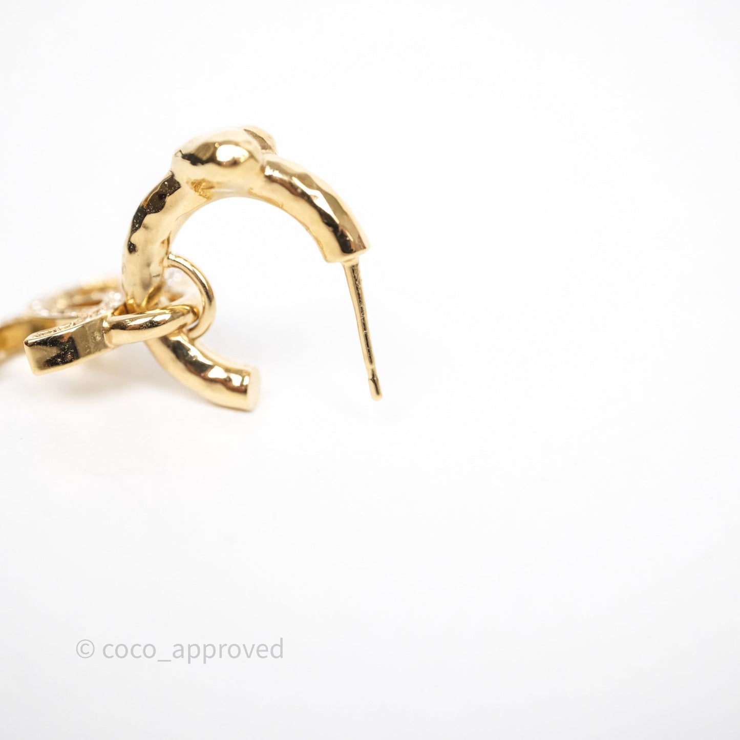 Chanel Heart Crystal CC Drop Hoop Earrings Gold Tone 23P