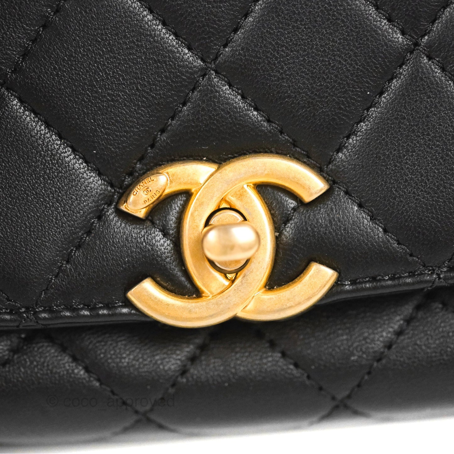 Chanel La Parisienne Top Handle Flap Bag Black Lambskin Aged Gold Hardware