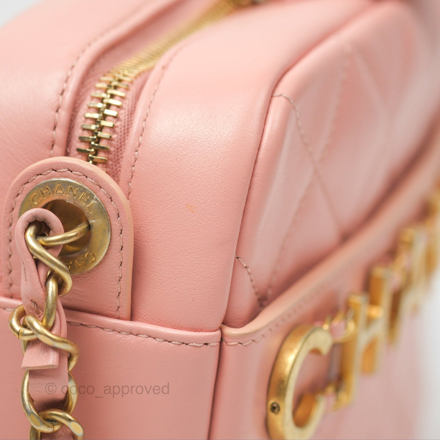 Chanel Logo Enchained Camera Bag Pink Calfskin Aged Gold Hardware