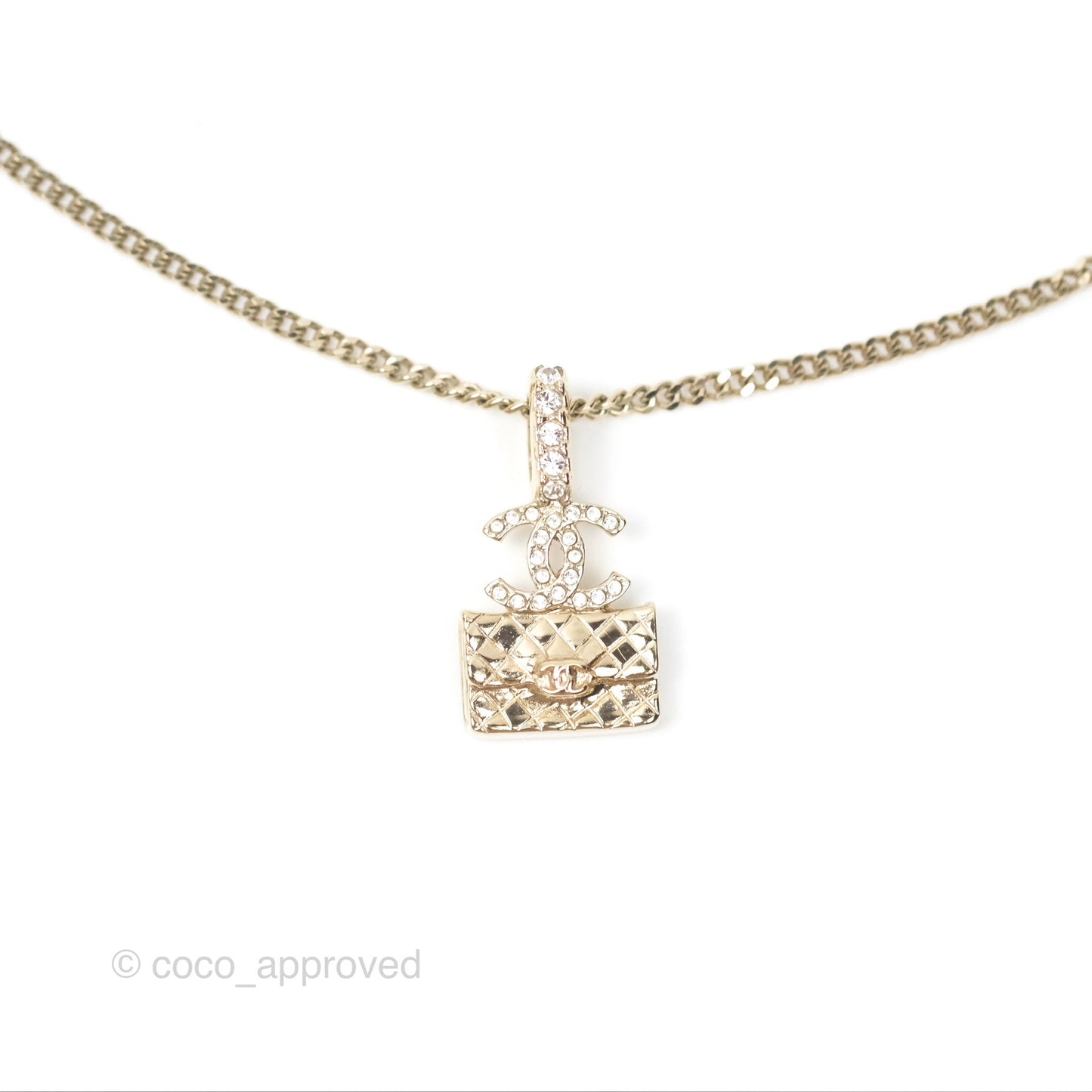 Chanel Crystals CC Flap Bag Pendant Necklace Gold Tone 23B