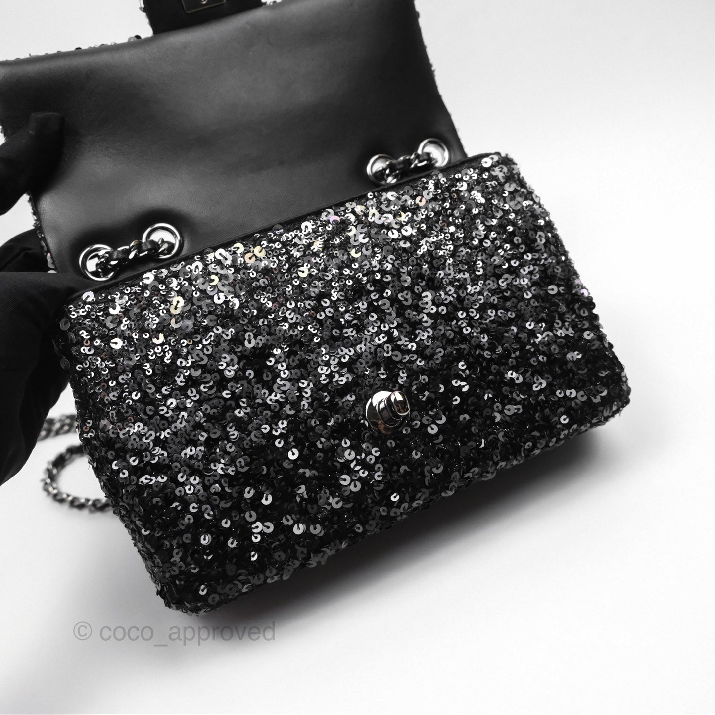 Chanel Flap Bag Sequin Black Silver Hardware 23S