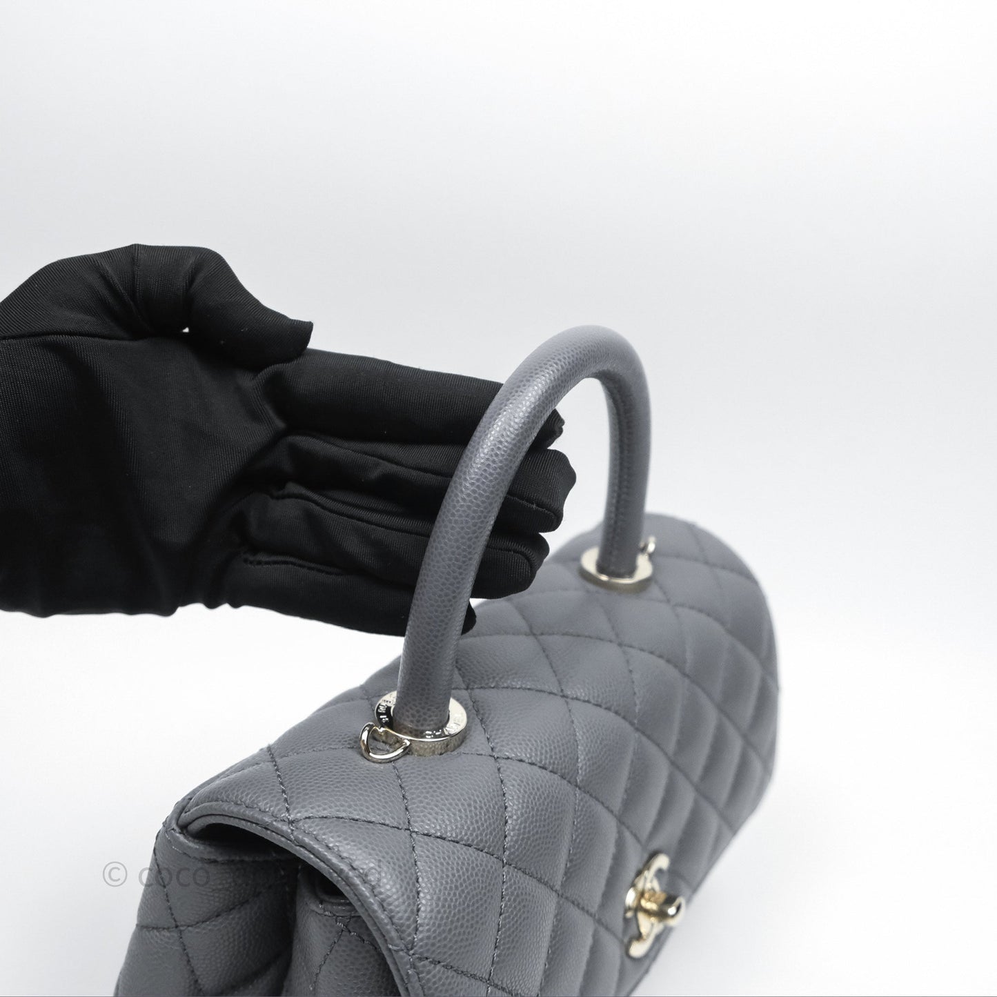 Chanel Small Coco Handle Quilted Grey Caviar Gold Hardware 23K