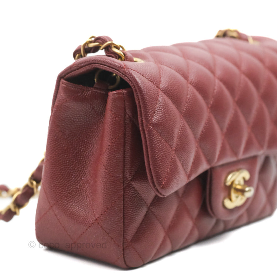 Chanel Classic Quilted Mini Rectangular Flap Iridescent Burgundy Caviar Aged Gold Hardware