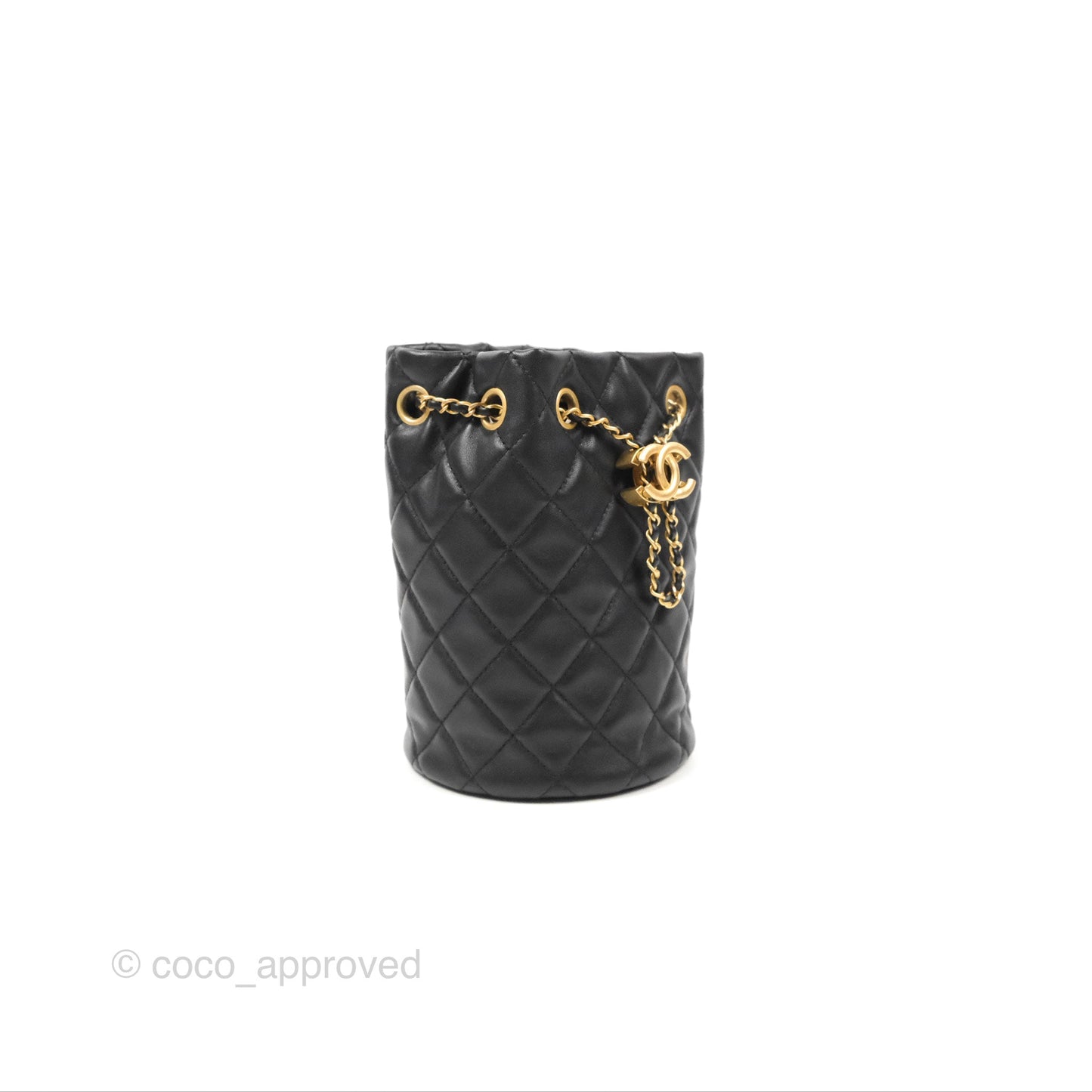 Chanel Pearl Crush Bucket Bag Black Lambskin Aged Gold Hardware