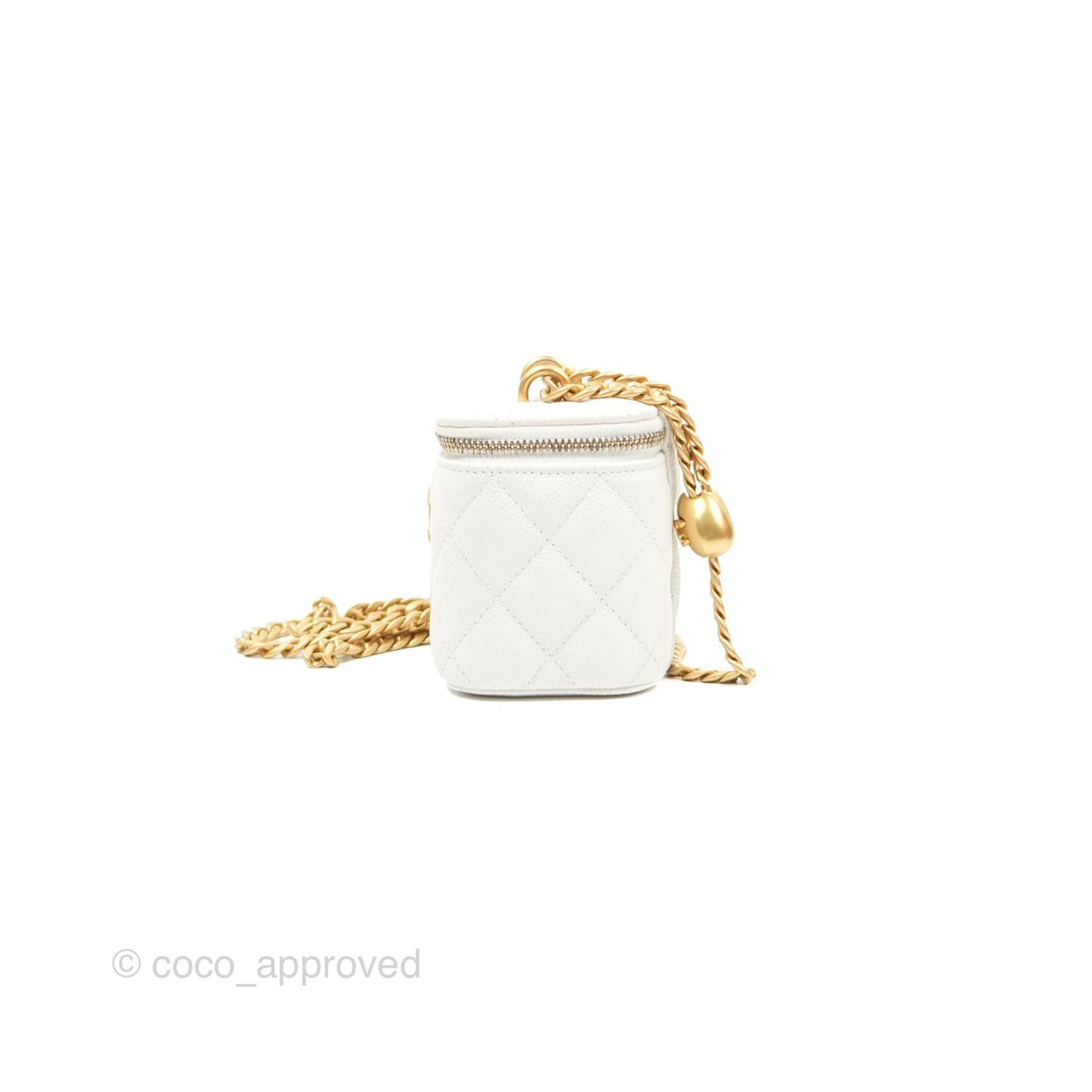 Chanel Quilted Heart Crush Mini Vanity With Chain White Caviar Aged Gold Hardware