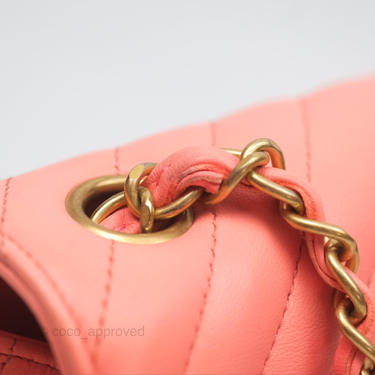 Chanel Chevron Mini Rectangular Flap Peach Pink Lambskin Aged Gold Hardware