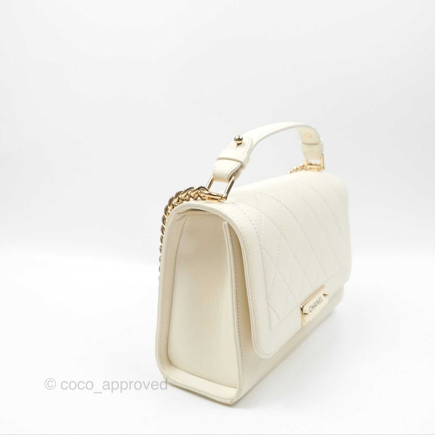 Chanel Quilted Label Click Flap Bag White Grained Calfskin Gold Hardware