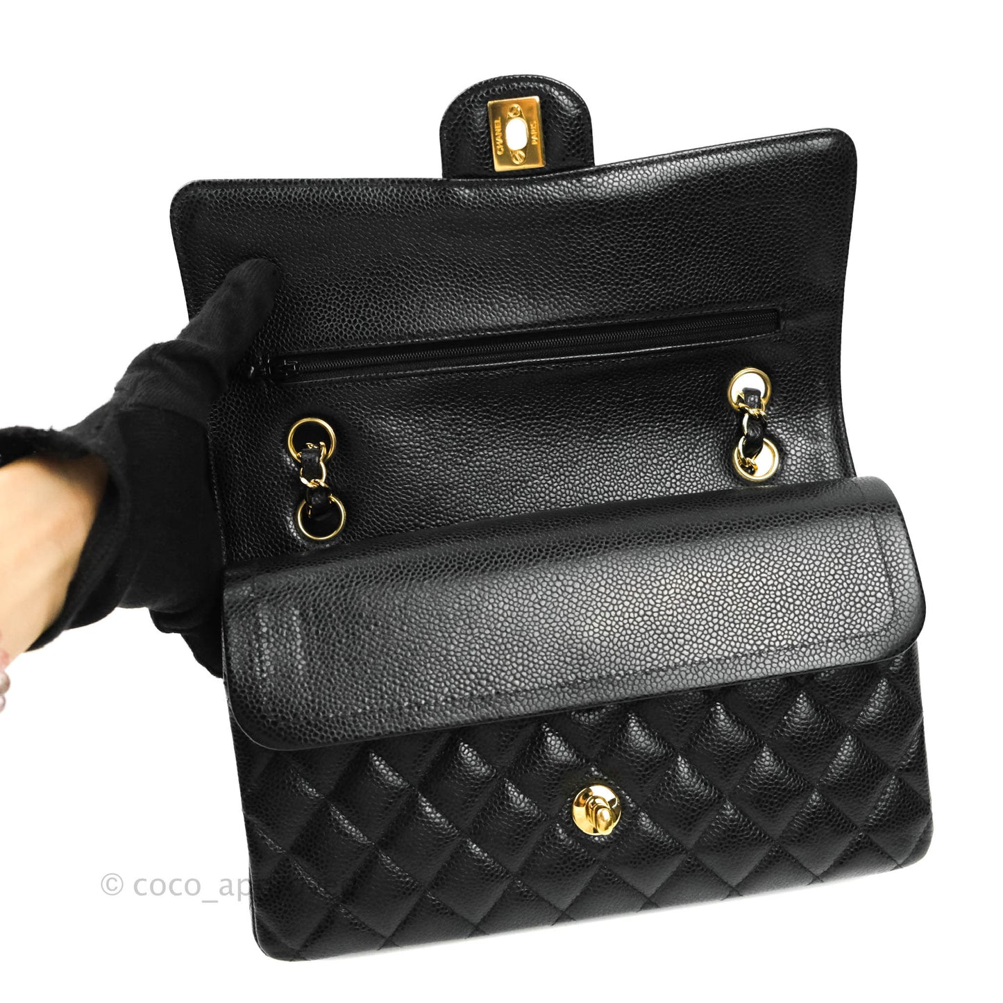 Chanel Quilted M/L Medium Double Flap Black Caviar Gold Hardware