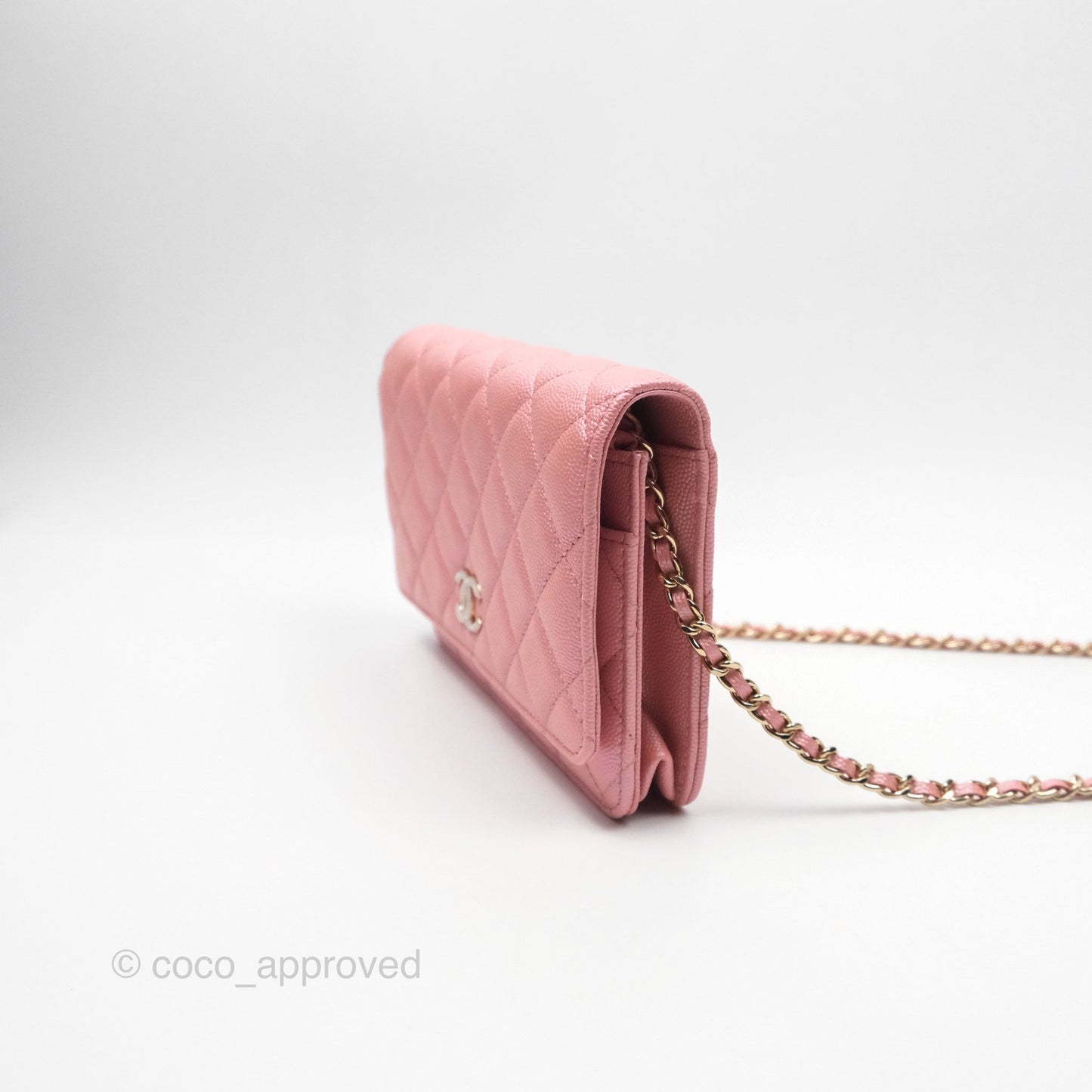 Chanel Classic Quilted Wallet on Chain WOC Iridescent Pink Caviar Gold Hardware