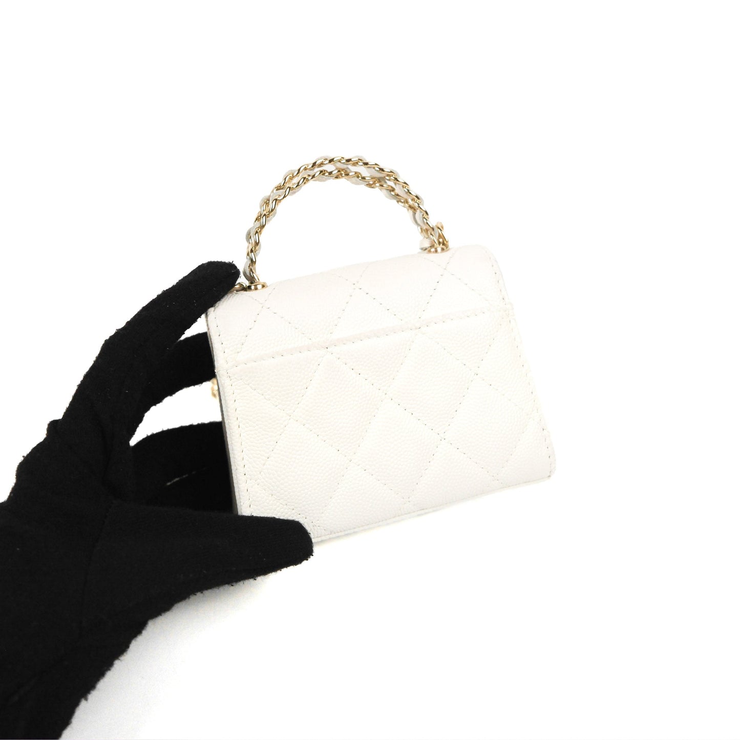 Chanel Mini Top Handle Clutch with Chain White Caviar Light Gold Hardware 23P
