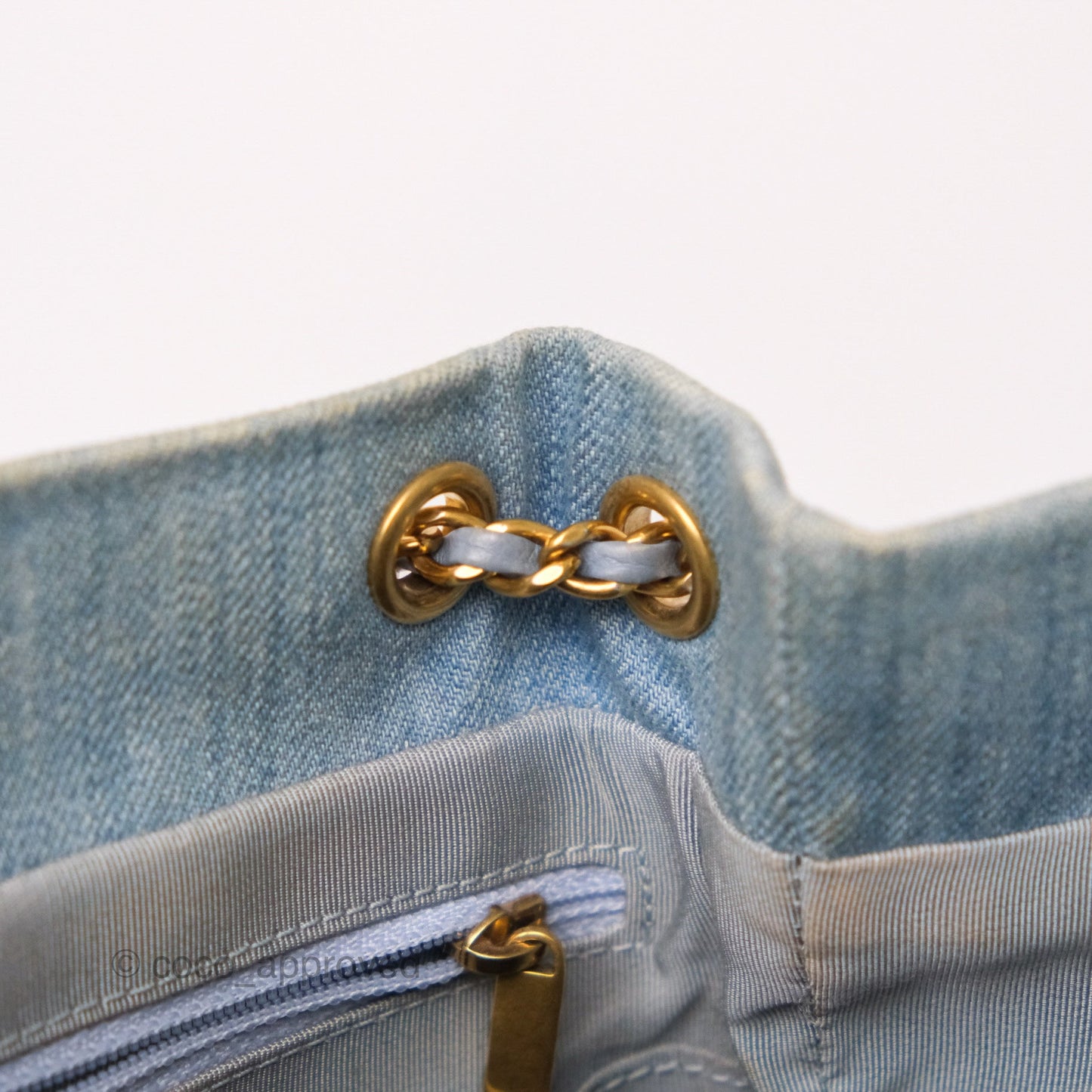 Chanel Drawstring Bucket Bag Denim Blue Aged Gold Hardware